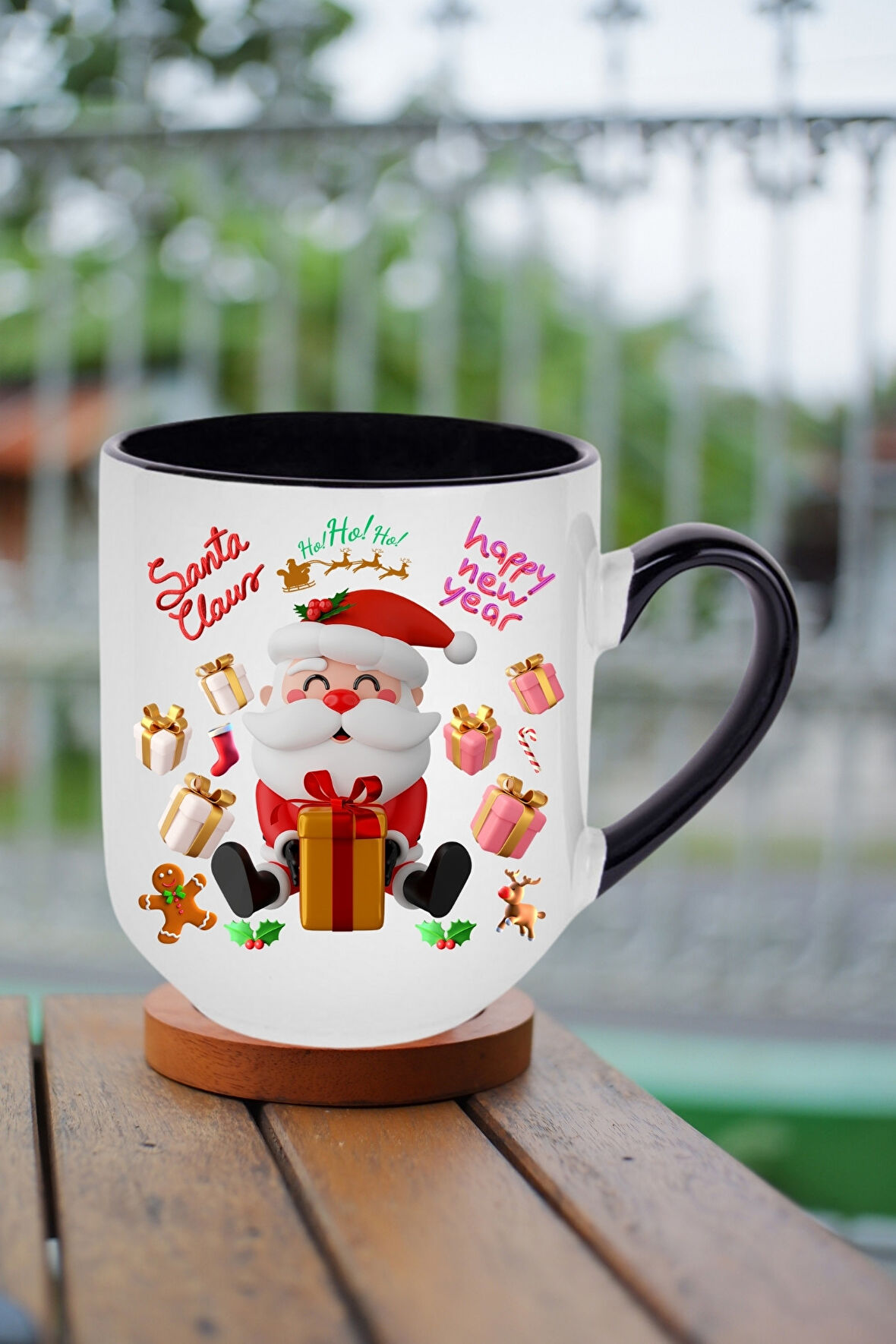 Noel Baba Happy Christmas Baskılı İçi Siyah Lüx Kupa Bardak Porselen Çay Kahve Fincanı