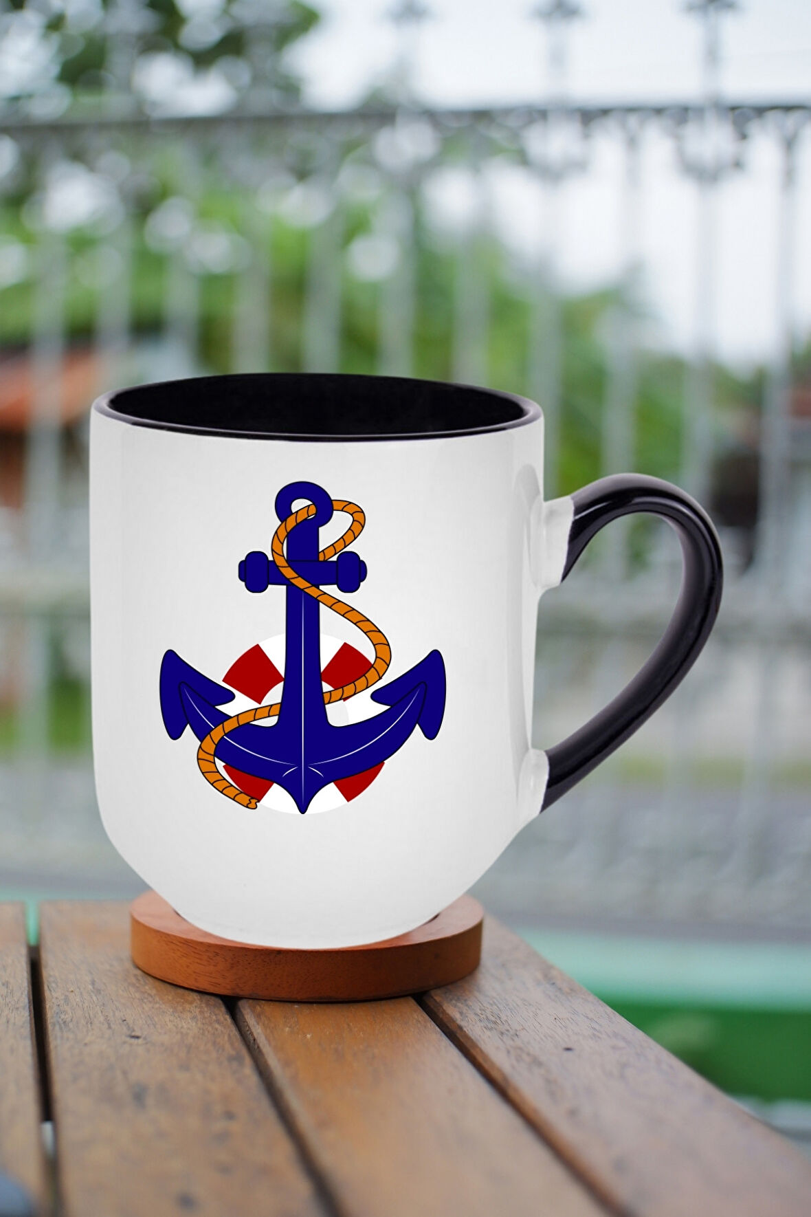 Denizci Çıpa Baskılı İçi Siyah Lüx Kupa Bardak Porselen Çay Kahve Fincanı-9