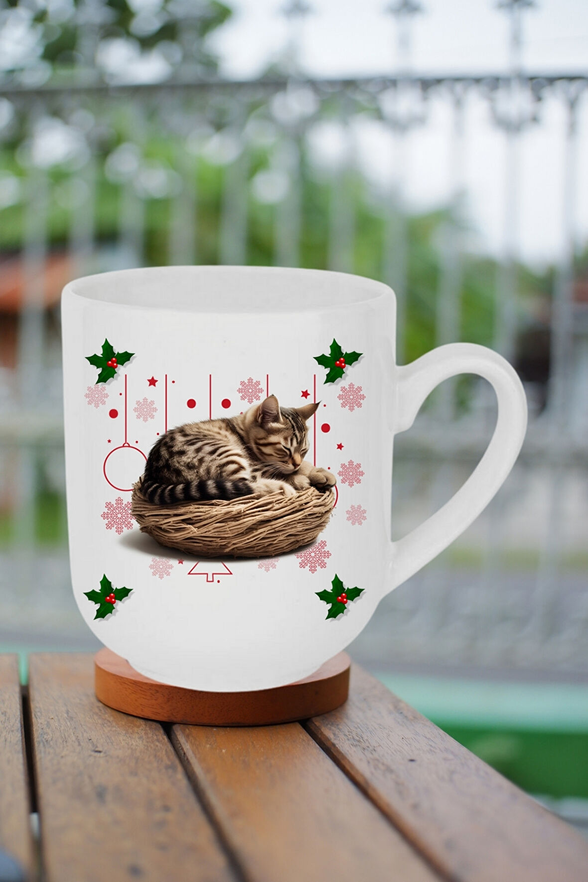 Yeni Yıl Uykucu Kedi Baskılı Lüx Kupa Bardak Porselen Çay Kahve Fincanı
