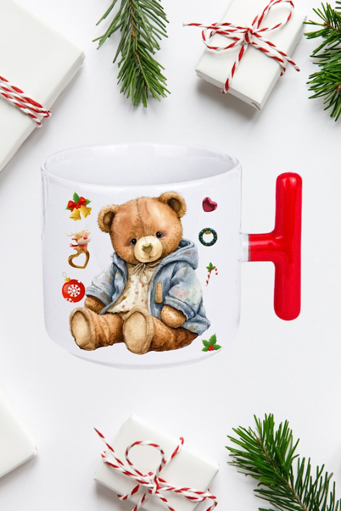 Yeni Yıl Oyuncak Ayı Teddy Bear Baskılı Kırmızı T Saplı Kupa Bardak Porselen Çay Kahve Fincanı