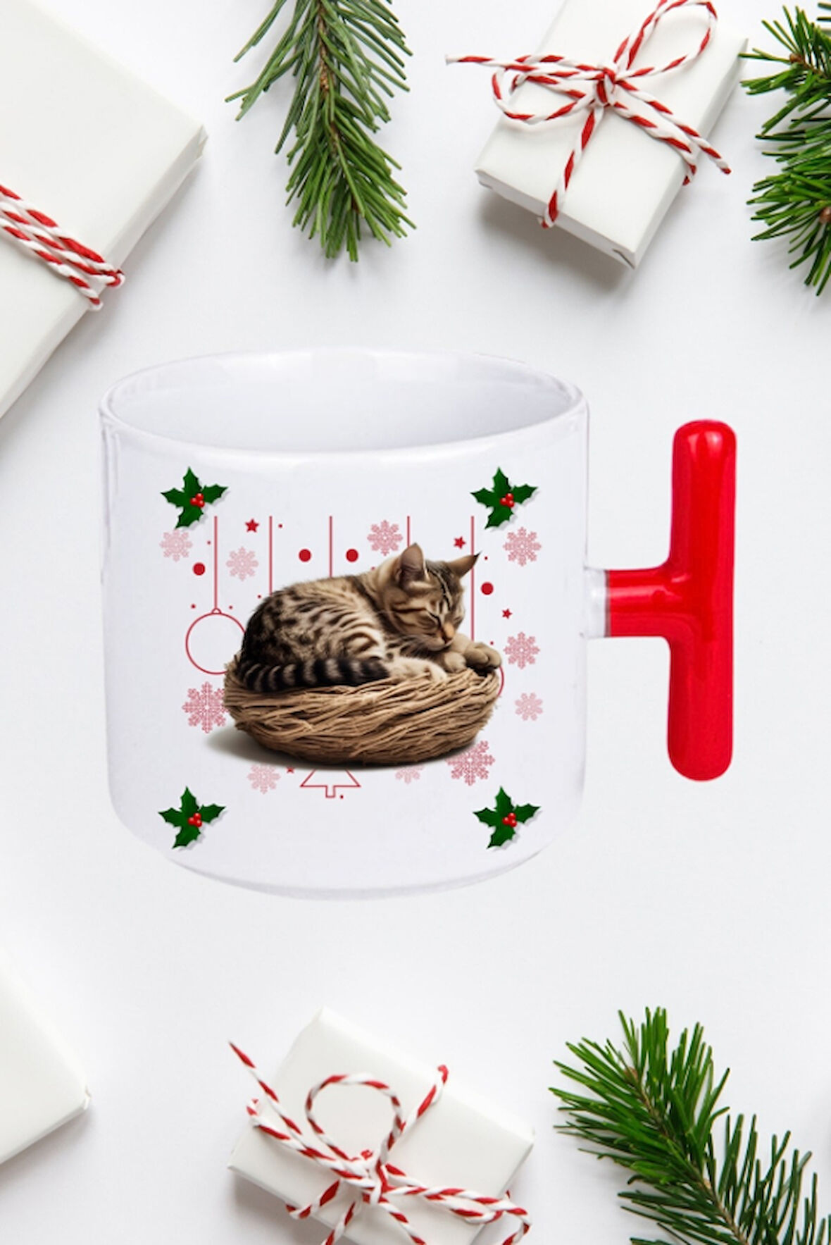 Yeni Yıl Uykucu Kedi Baskılı Kırmızı T Saplı Kupa Bardak Porselen Çay Kahve Fincanı