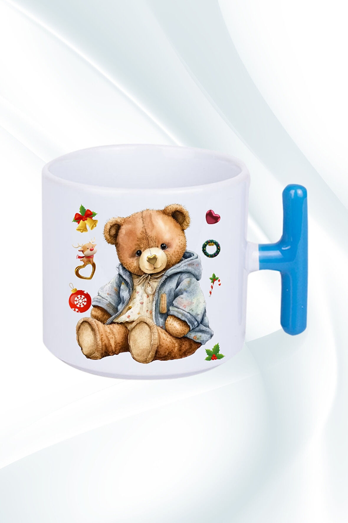Yeni Yıl Oyuncak Ayı Teddy Bear Baskılı T Saplı Kupa Bardak Porselen Çay Kahve Fincanı