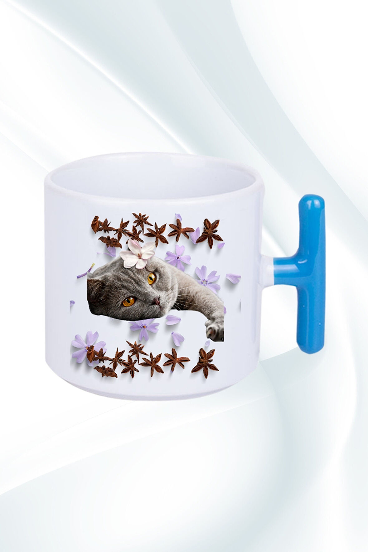 Sevimli Kedi Baskılı T Saplı Kupa Bardak Porselen Çay Kahve Fincanı