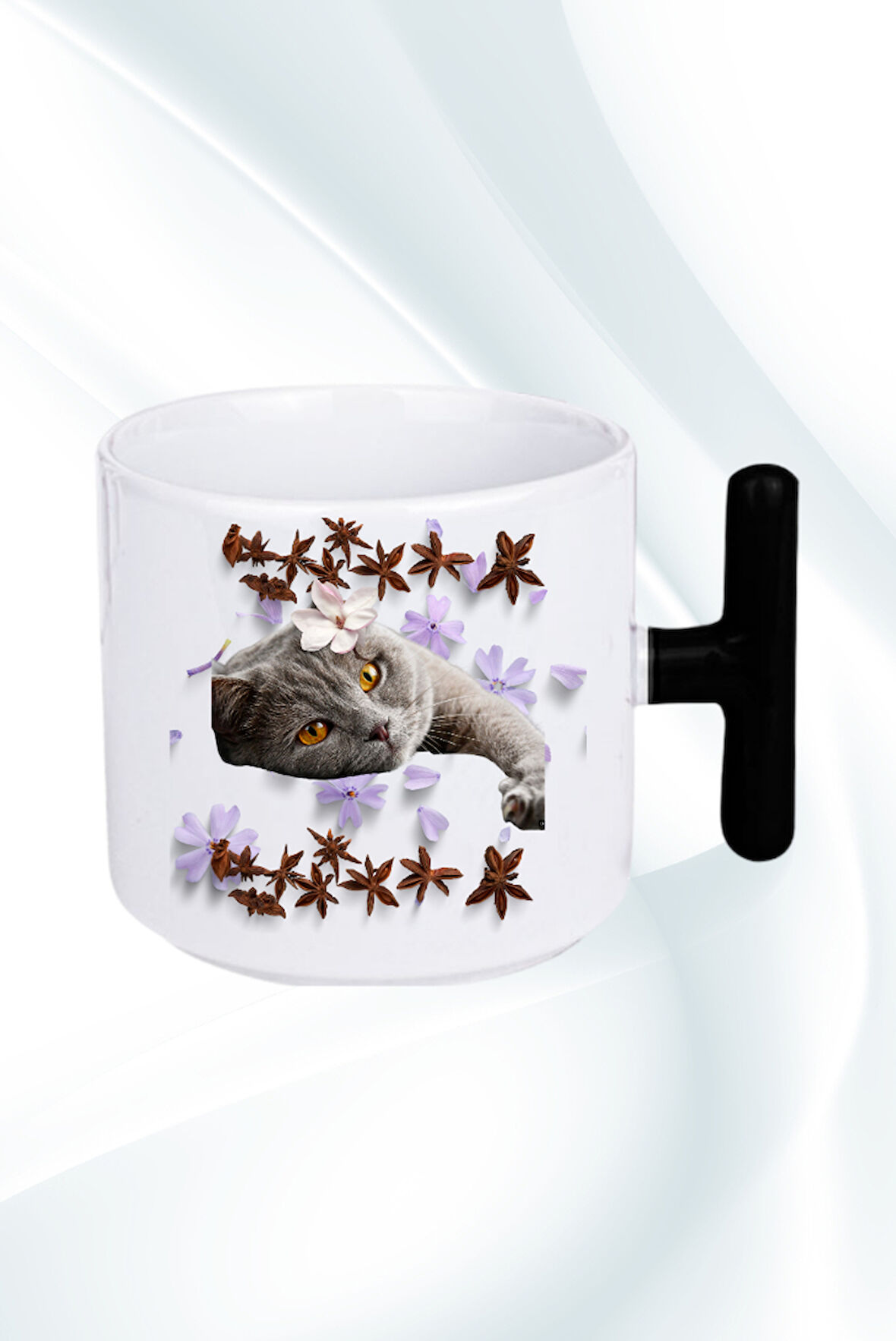 Sevimli Kedi Baskılı T Saplı Kupa Bardak Porselen Çay Kahve Fincanı