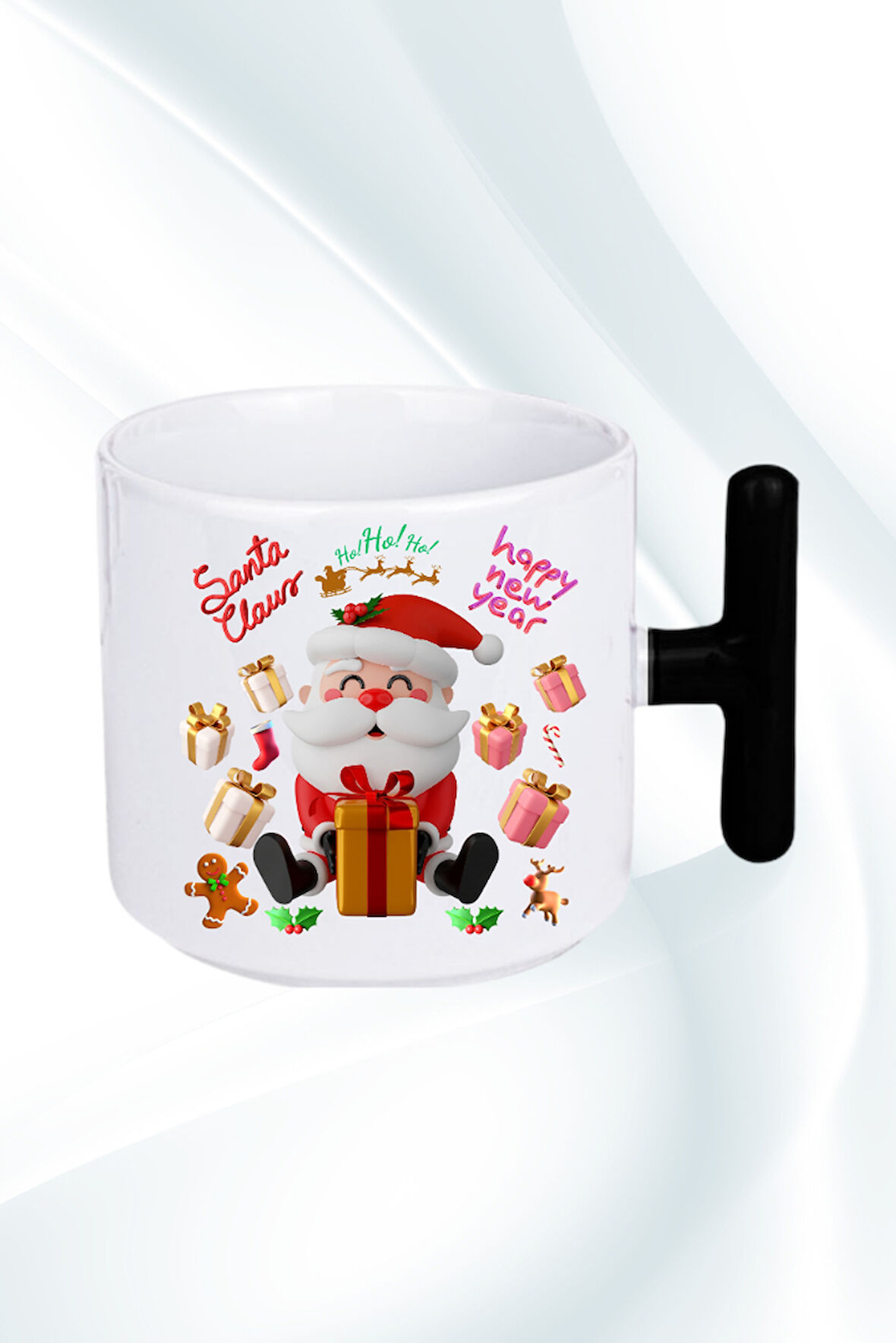 Noel Baba Happy Christmas Baskılı T Saplı Kupa Bardak Porselen Çay Kahve Fincanı