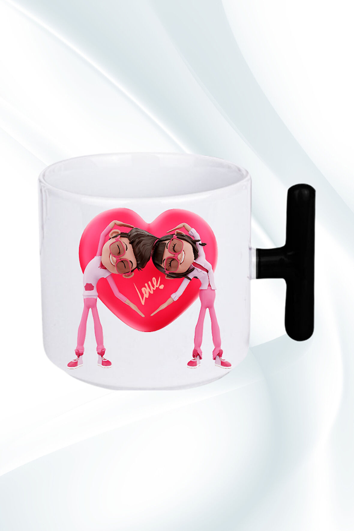 Mutlu Çiftler Love Kalp Baskılı Hediye T Saplı Kupa Bardak Porselen Çay Kahve Fincanı