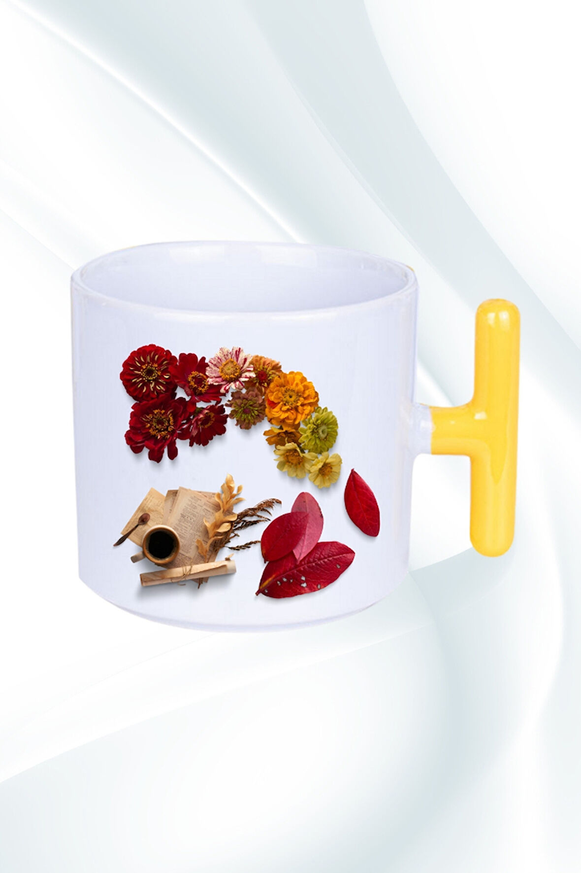 Romantik Sonbahar Baskılı T Saplı Kupa Bardak Porselen Çay Kahve Fincanı