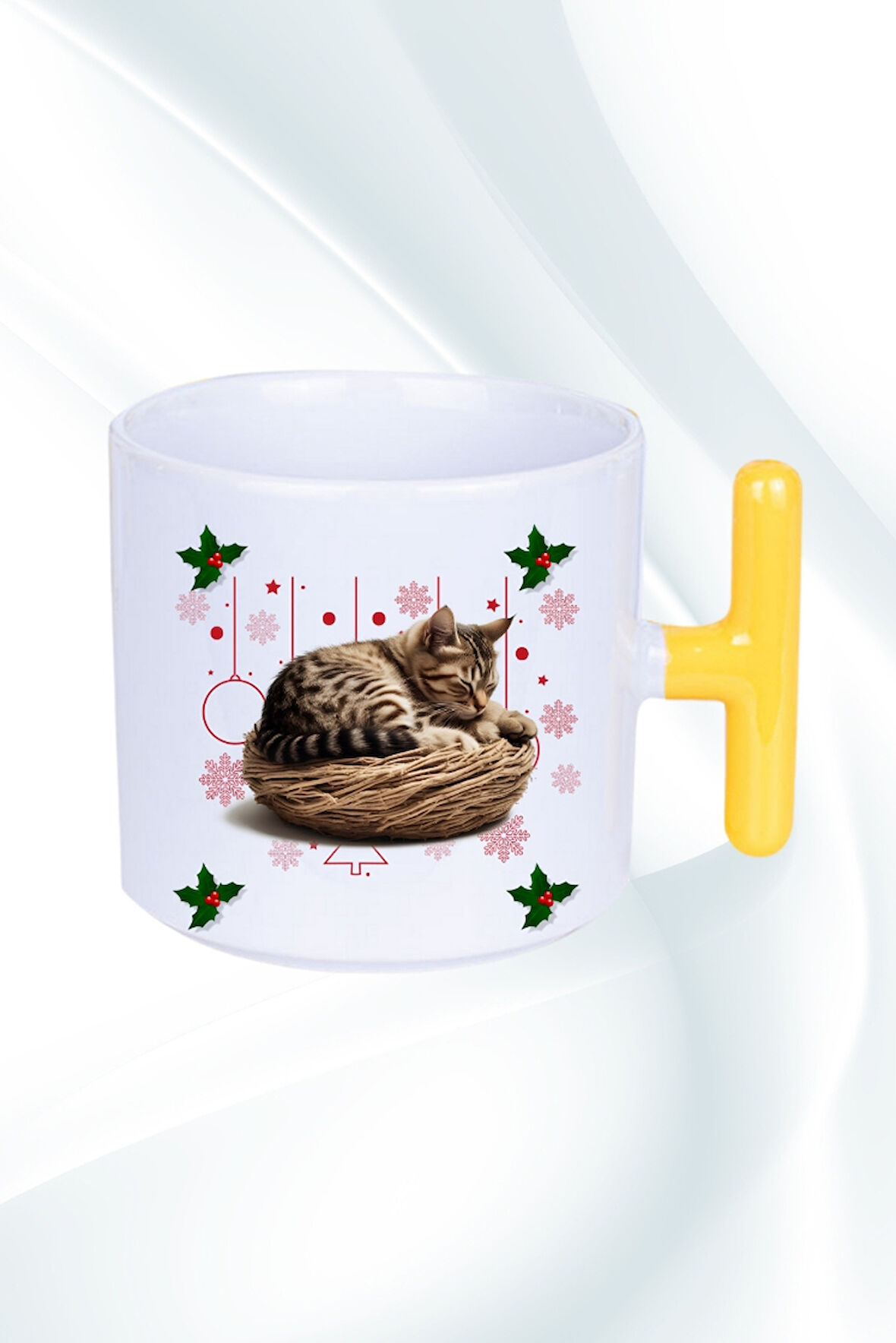 Yeni Yıl Uykucu Kedi Baskılı T Saplı Kupa Bardak Porselen Çay Kahve Fincanı