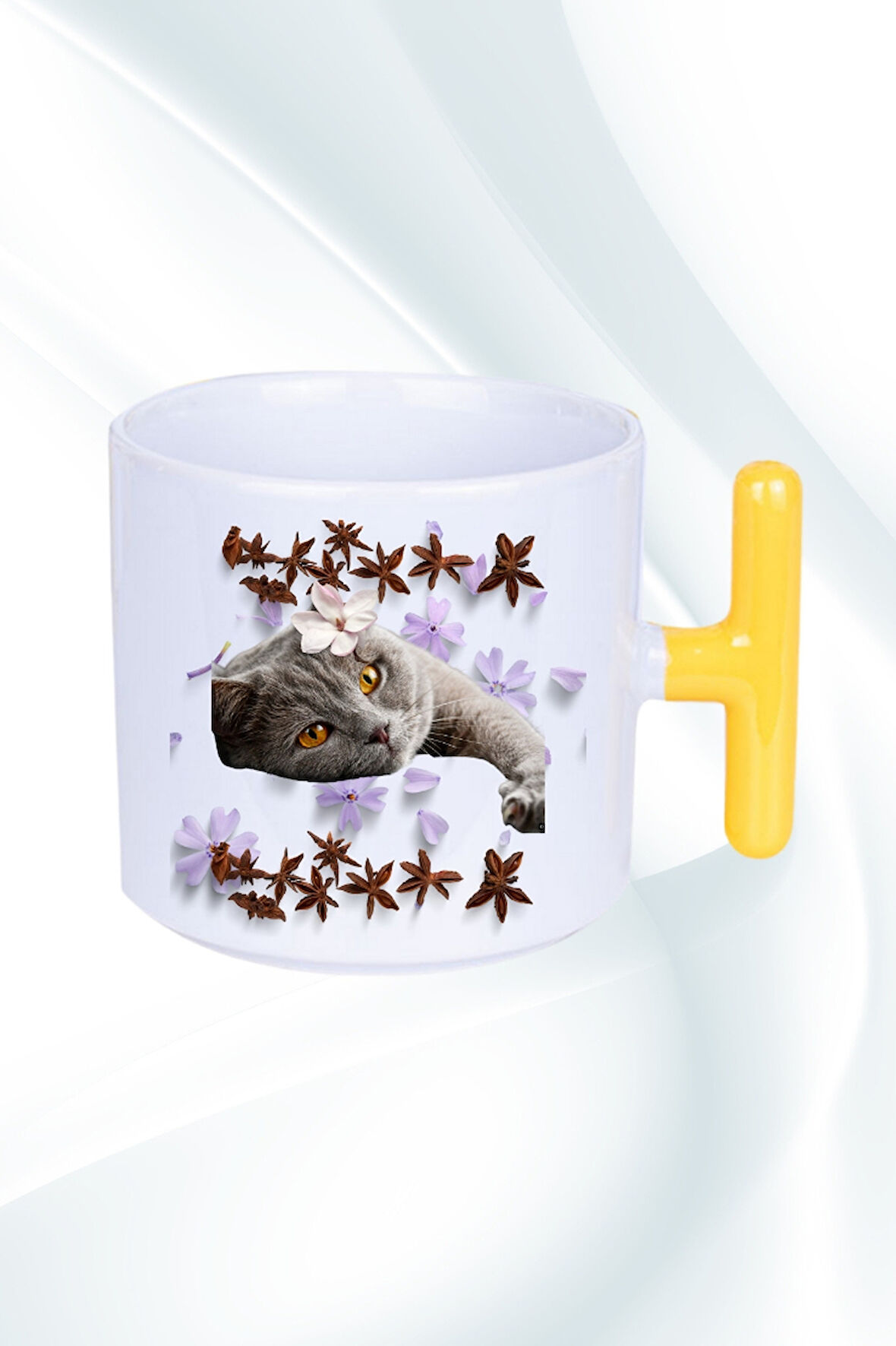 Sevimli Kedi Baskılı T Saplı Kupa Bardak Porselen Çay Kahve Fincanı