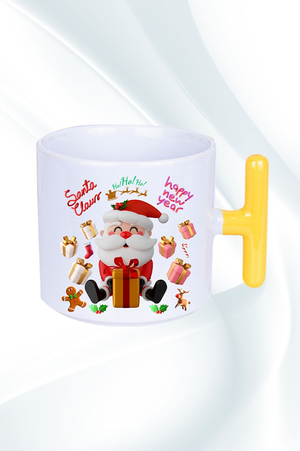 Noel Baba Happy Christmas Baskılı T Saplı Kupa Bardak Porselen Çay Kahve Fincanı