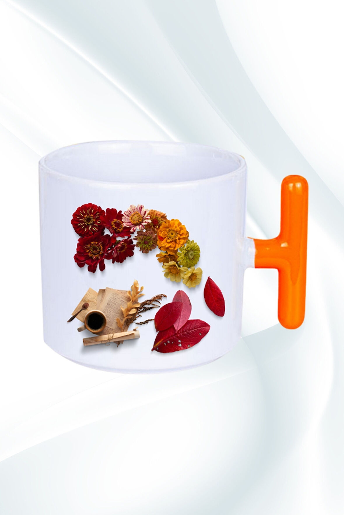 Romantik Sonbahar Baskılı T Saplı Kupa Bardak Porselen Çay Kahve Fincanı