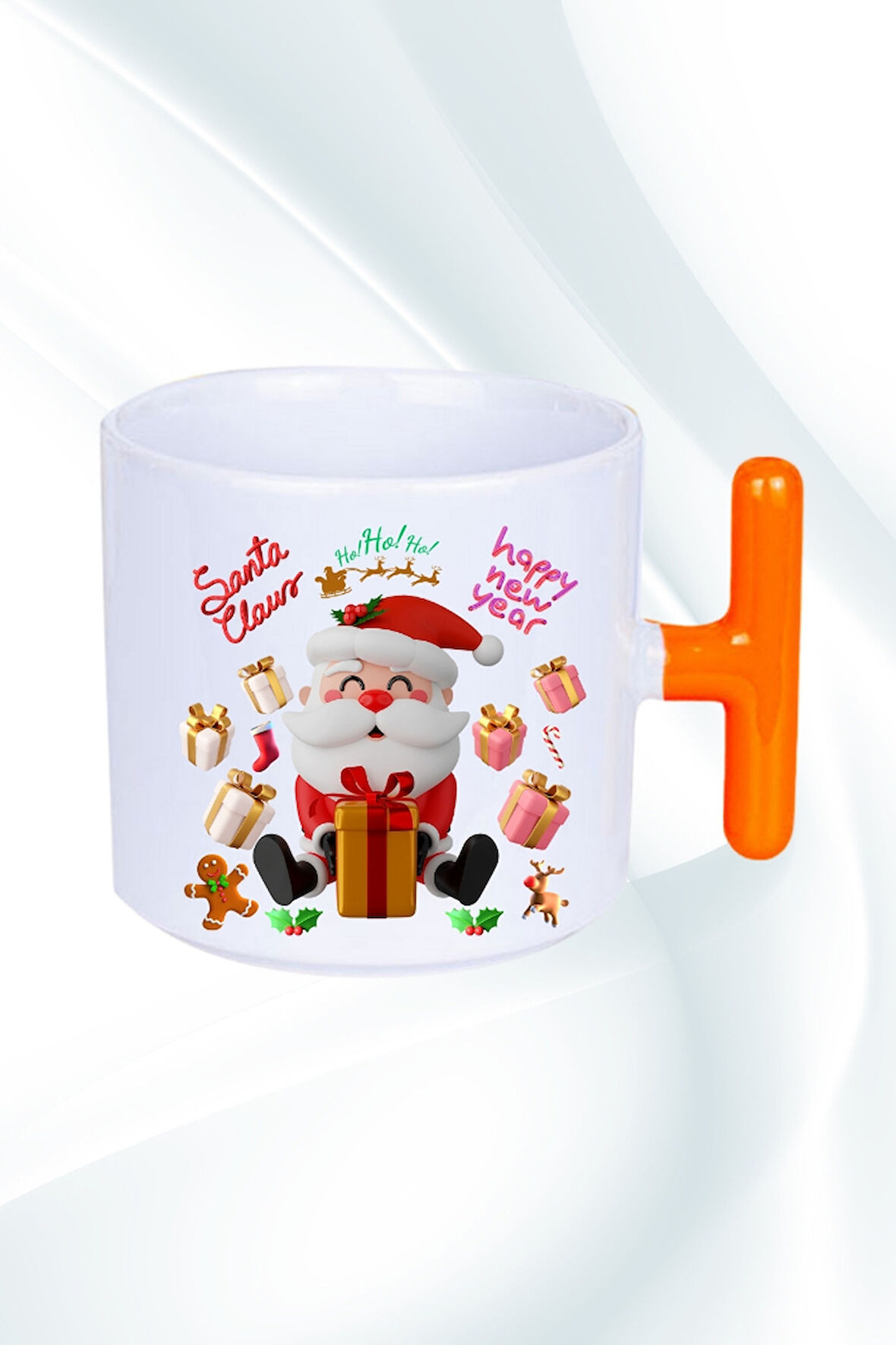 Noel Baba Happy Christmas Baskılı T Saplı Kupa Bardak Porselen Çay Kahve Fincanı