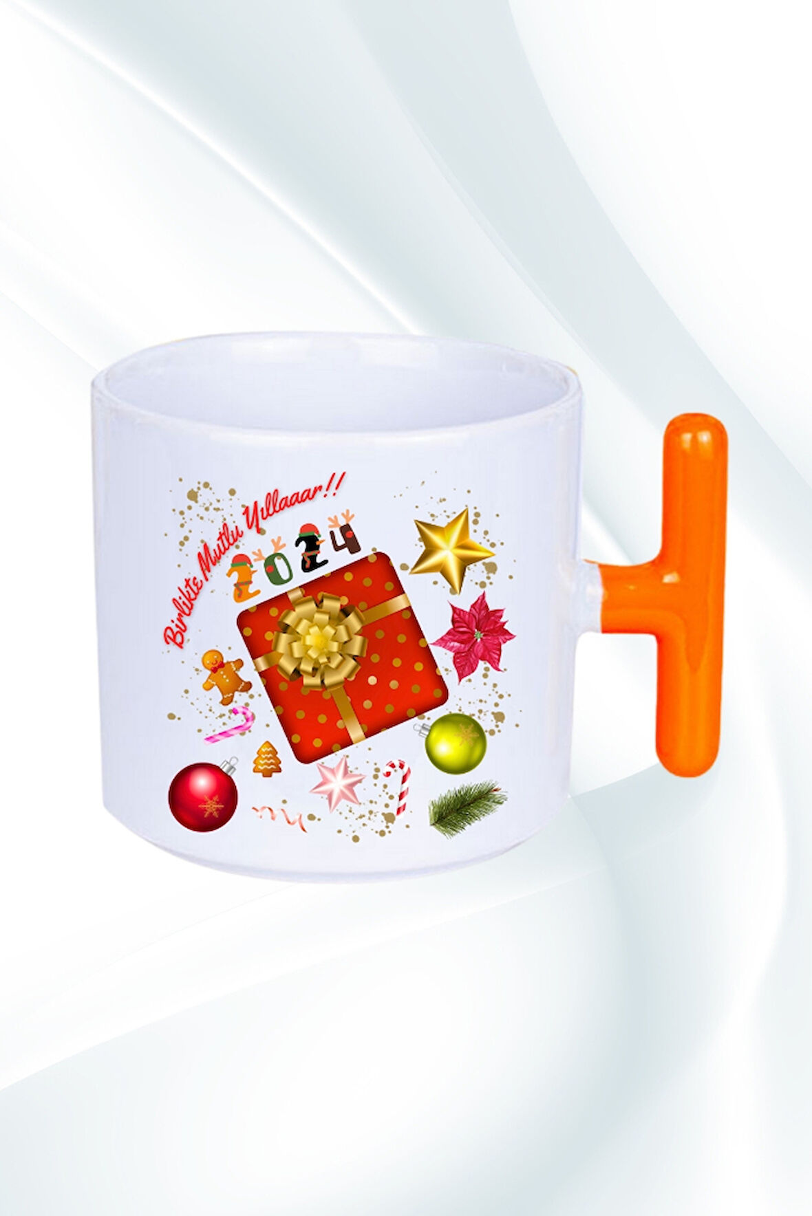 Yılbaşı 2024 Baskılı T Saplı Kupa Bardak Porselen Çay Kahve Fincanı