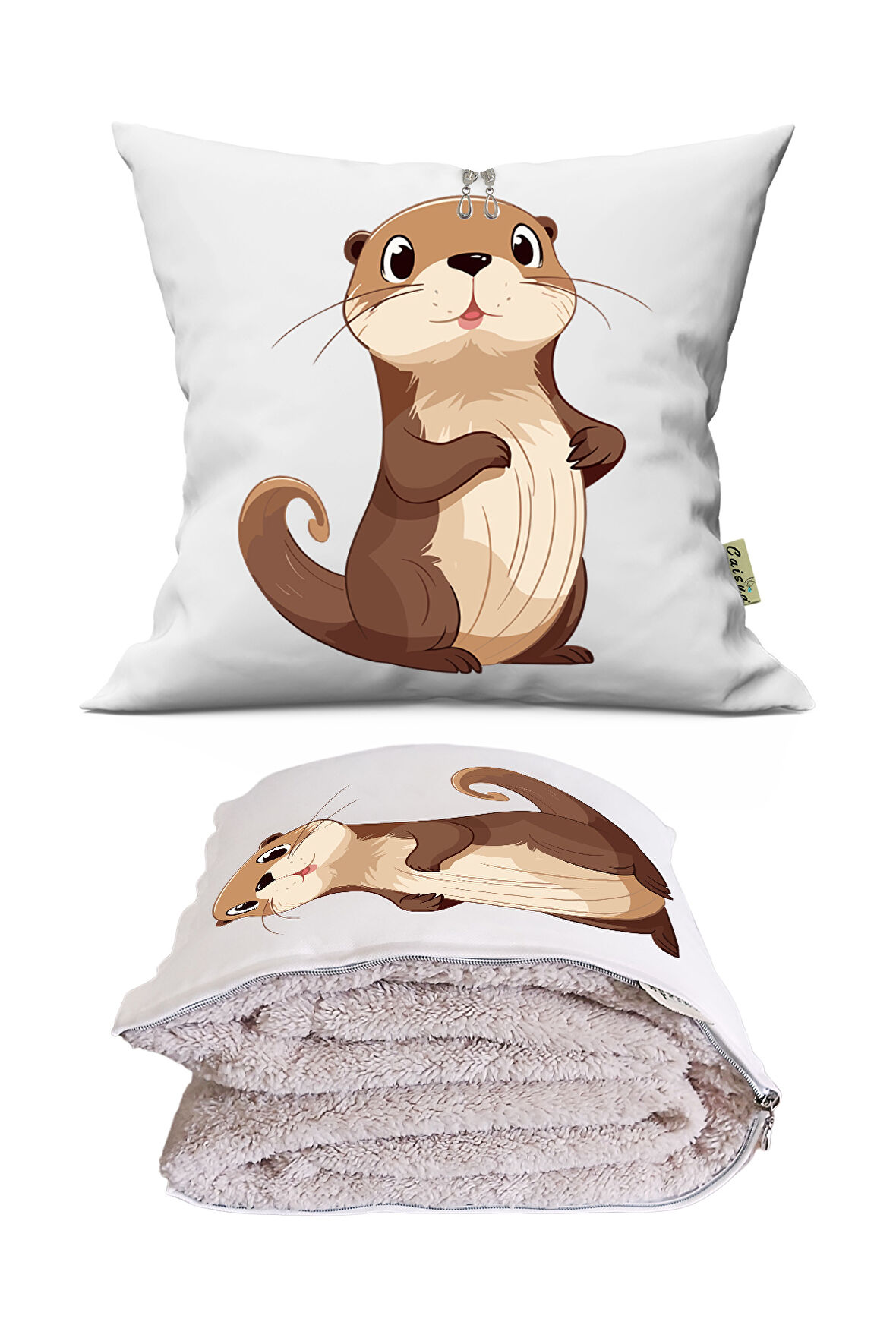 Sevimli Samur Baskılı Dekoratif Yastık Kırlent Opsiyonel Battaniye 2 in 1