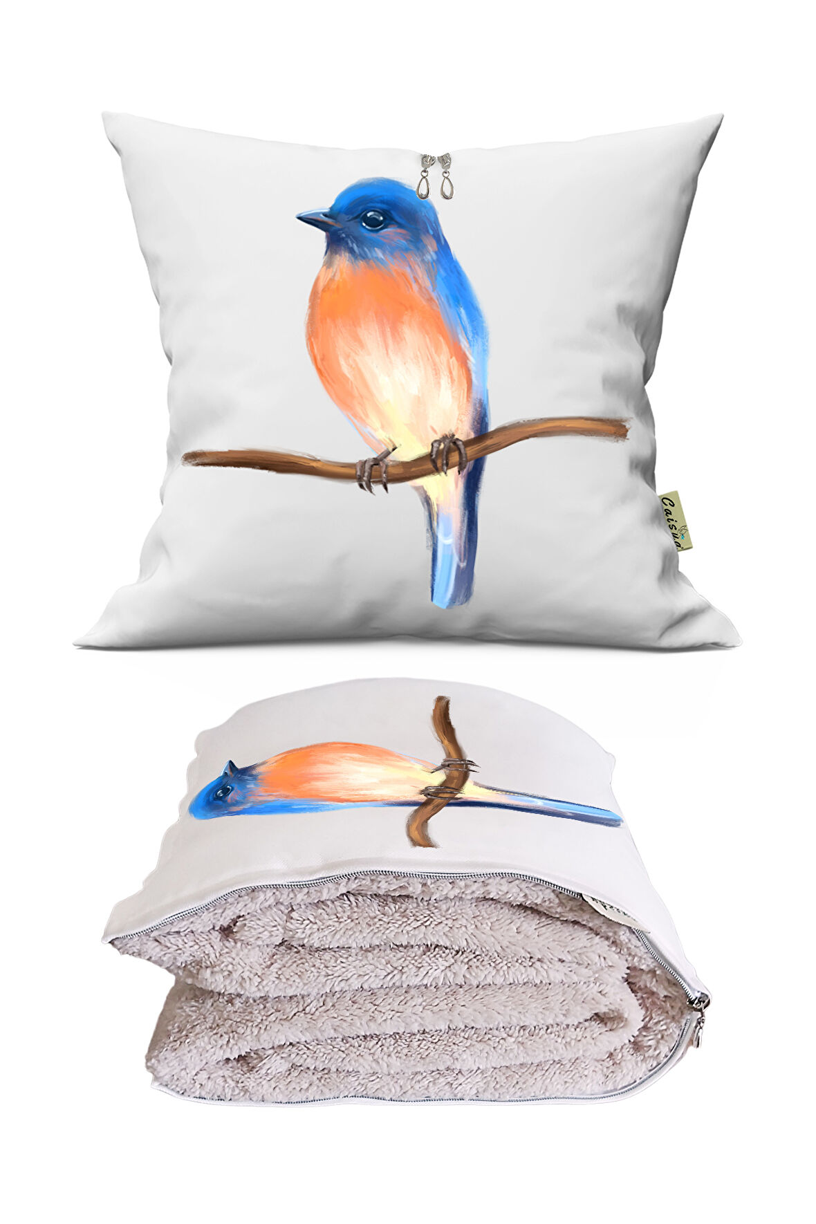 Blue Bird Baskılı Dekoratif Yastık Kırlent Opsiyonel Battaniye 2 in 1