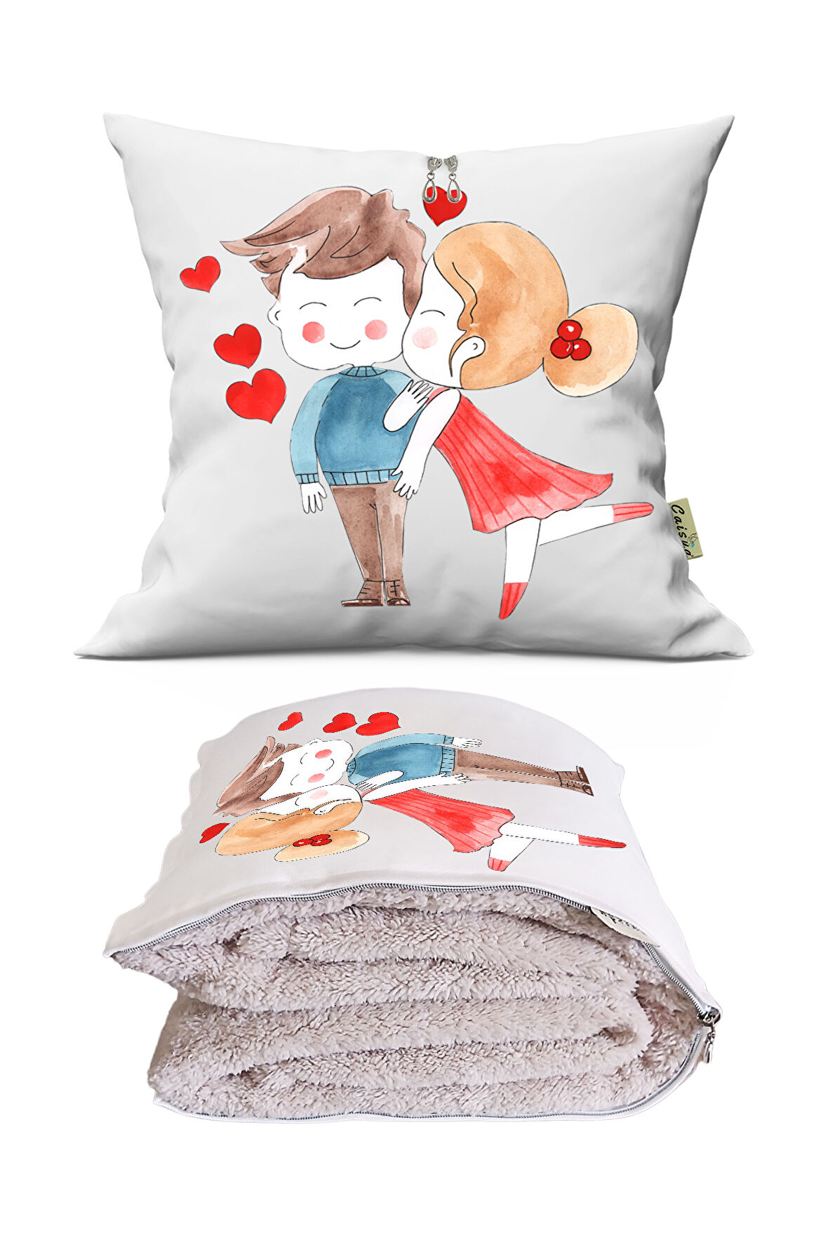 Love 2 Baskılı Dekoratif Yastık Kırlent Opsiyonel Battaniye 2 in 1