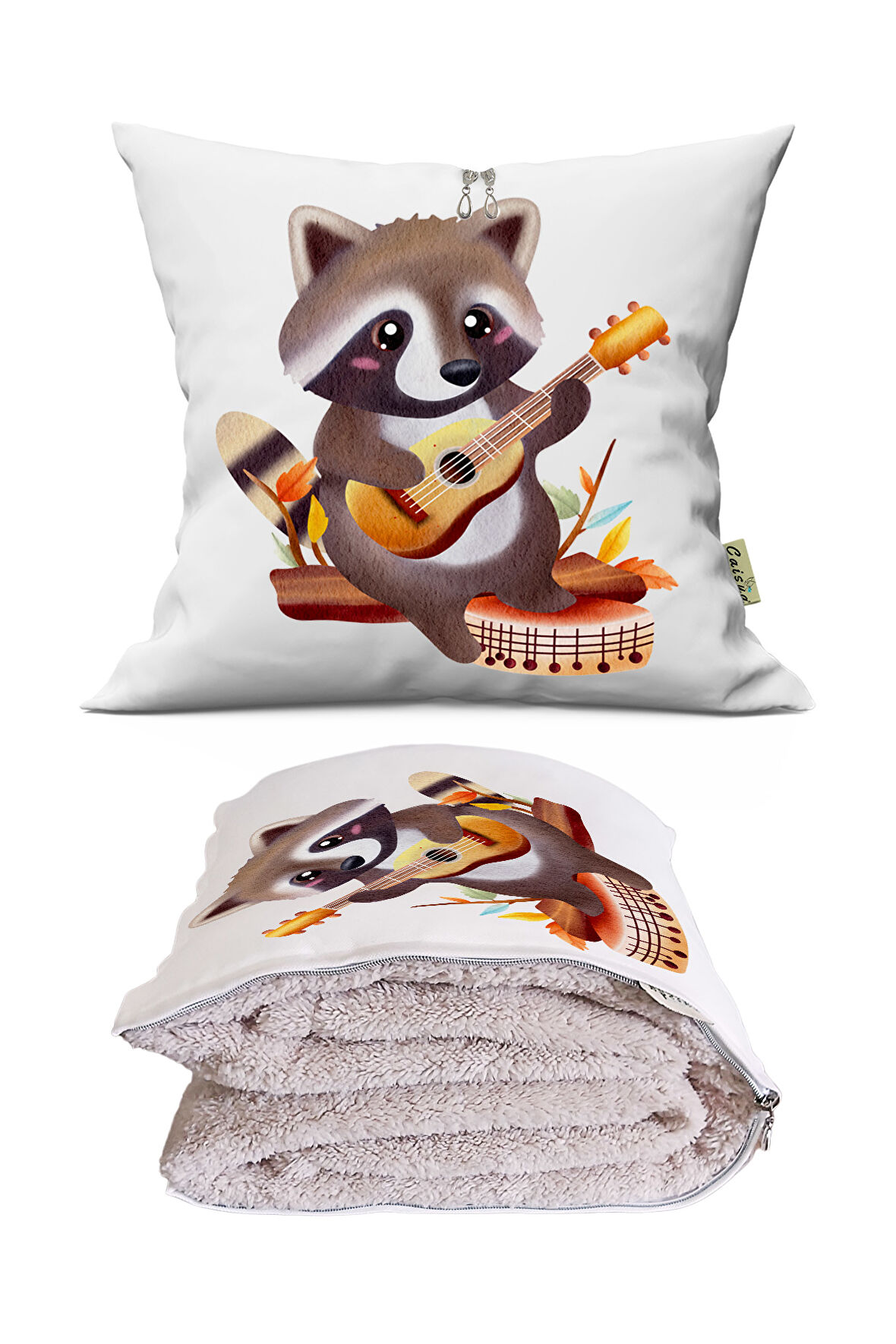 Gitarlı Rakun Baskılı Dekoratif Yastık Kırlent Opsiyonel Battaniye 2 in 1