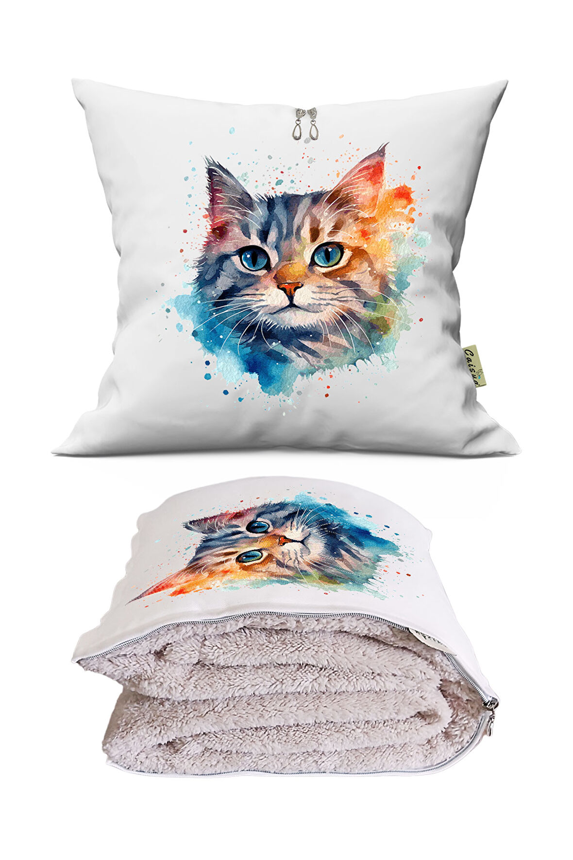 Renkli Kedi Baskılı Dekoratif Yastık Kırlent Opsiyonel Battaniye 2 in 1