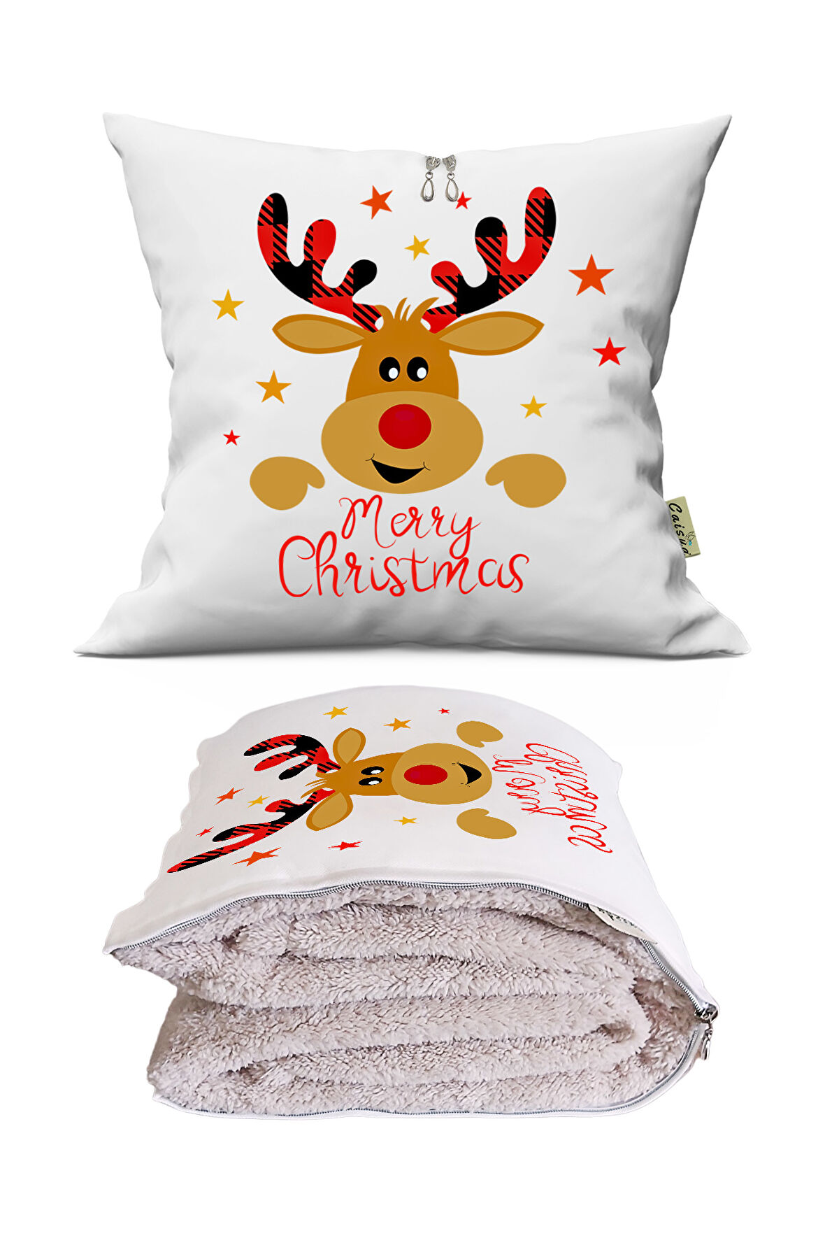 Merry Christmas Baskılı Dekoratif Yastık Kırlent Opsiyonel Battaniye 2 in 1