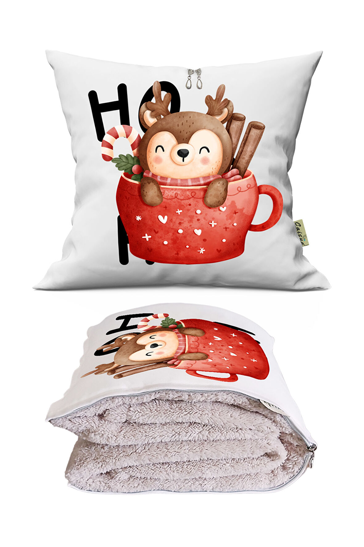 Ho Ho Ho Baskılı Dekoratif Yastık Kırlent Opsiyonel Battaniye 2 in 1