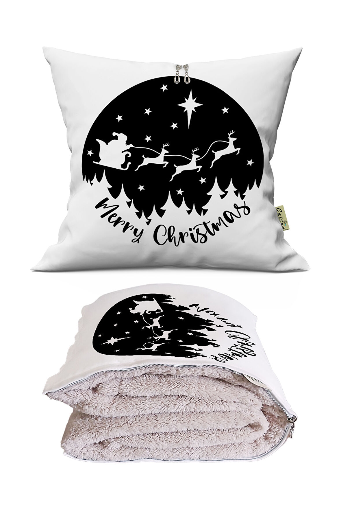 Gece Merry Christmas Baskılı Dekoratif Yastık Kırlent Opsiyonel Battaniye 2 in 1