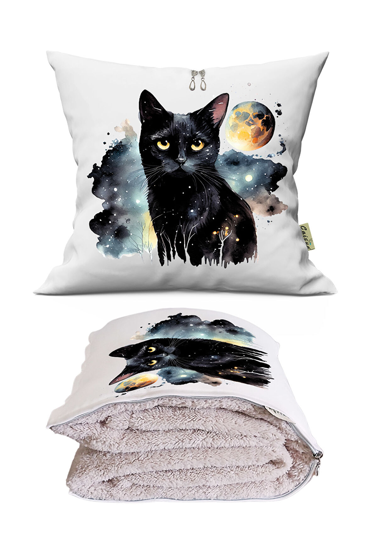 Ay Işığı Kedi Baskılı Dekoratif Yastık Kırlent Opsiyonel Battaniye 2 in 1