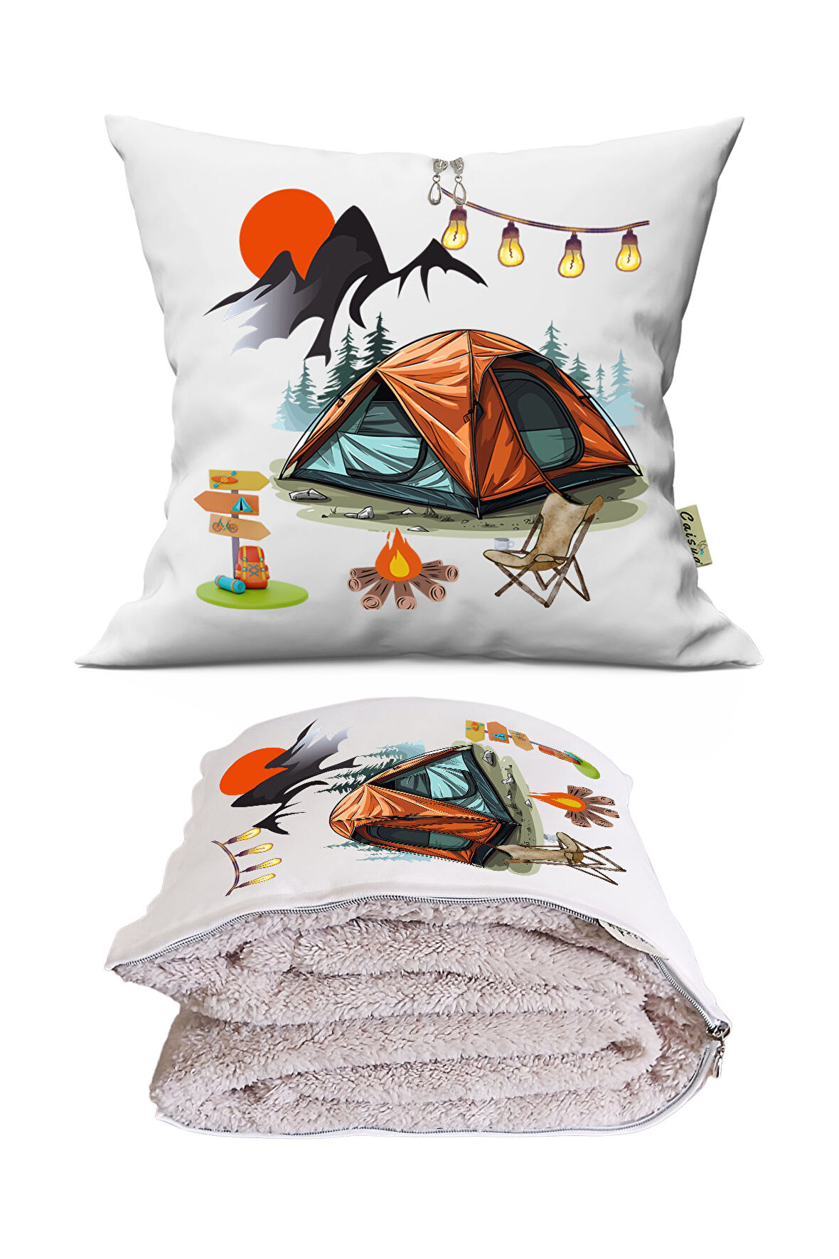Camping-3 Baskılı Dekoratif Yastık Kırlent Opsiyonel Battaniye 2 in 1