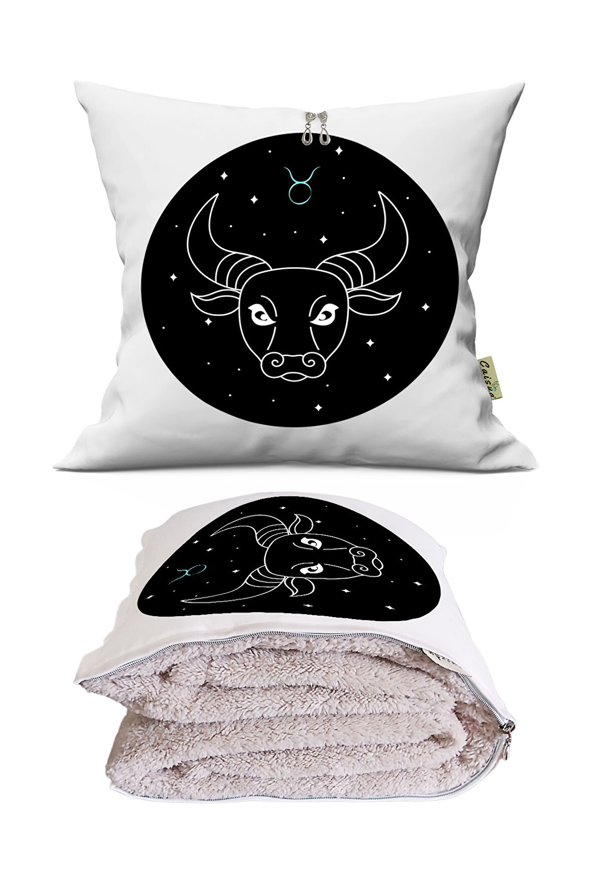 Siyah Boğa Burcu Baskılı Dekoratif Yastık Kırlent Opsiyonel Battaniye 2 in 1