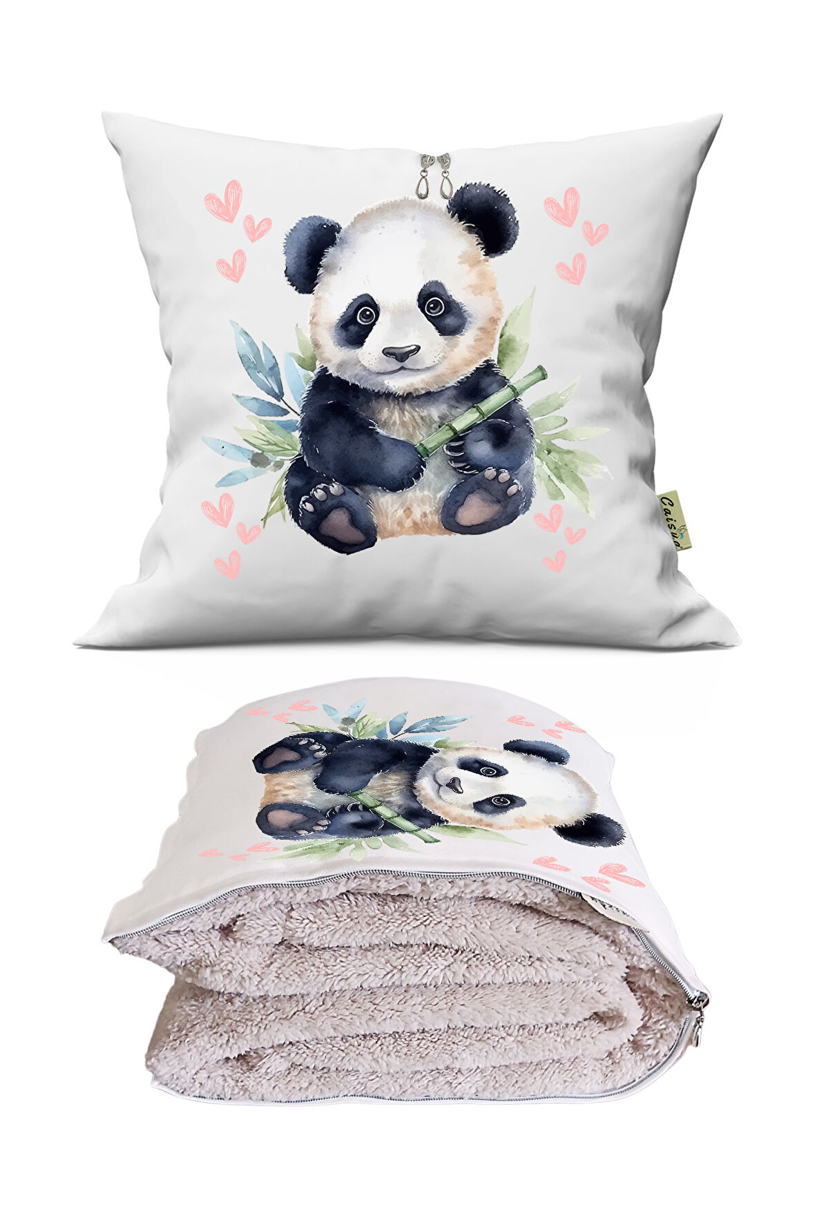 Cute Panda Sevimli Panda Baskılı Tv Battaniyeli Opsiyonel Dekoratif Hediye Yastık