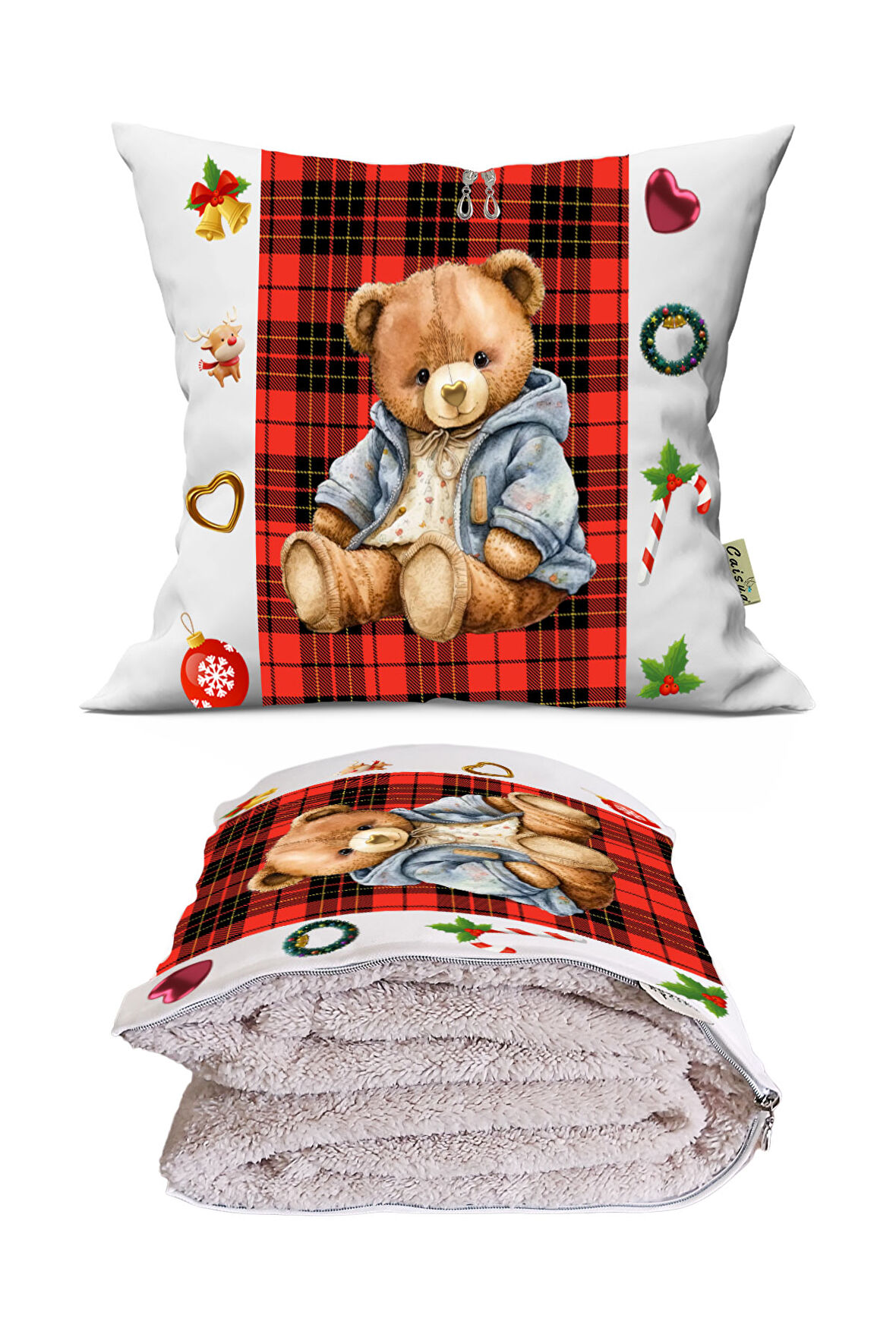 Yılbaşı Özel Seri Sevimli Ayıcık Teddy Bear Tv Battaniyeli Opsiyonel Dekoratif Hediye Yastık