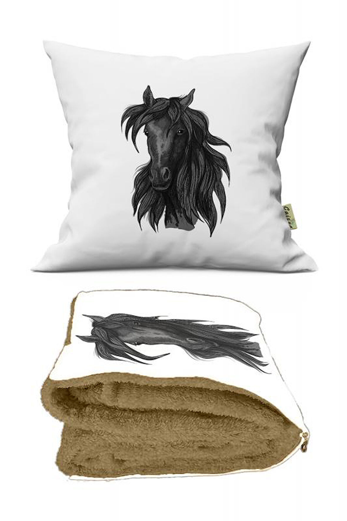 Karakalem At Desenli İç Dolgusu Battaniyeli Araç İçi Opsiyonel Yastık 36x36cm