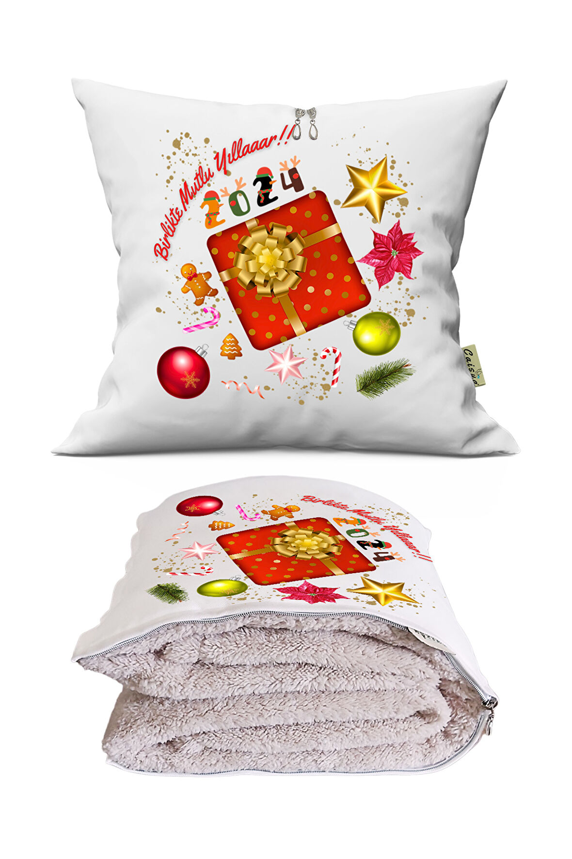 Yılbaşı Hediyesi Battaniyeli Yastık-Kırlent Happy New Year Opsiyonel TV Battaniyeli Yastık 36x36cm
