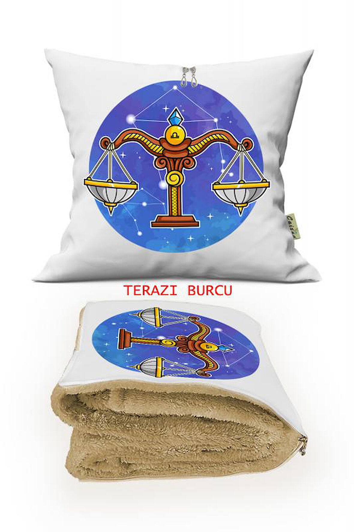 Terazi Burcu Baskılı Opsiyonel Battaniyeli Dekoratif Kırlent 36x36cm