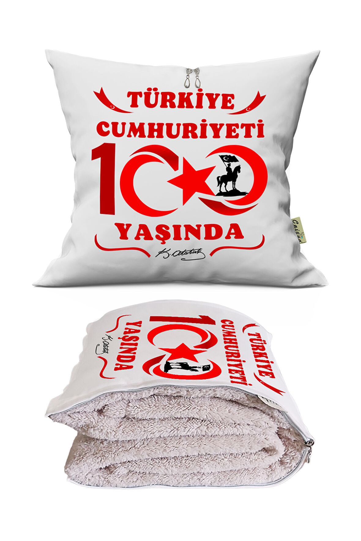 Türkiye Cumhuriyeti 100 Yaşında Baskılı Tv Battaniyeli Opsiyonel Dekoratif Yastık Kırlent