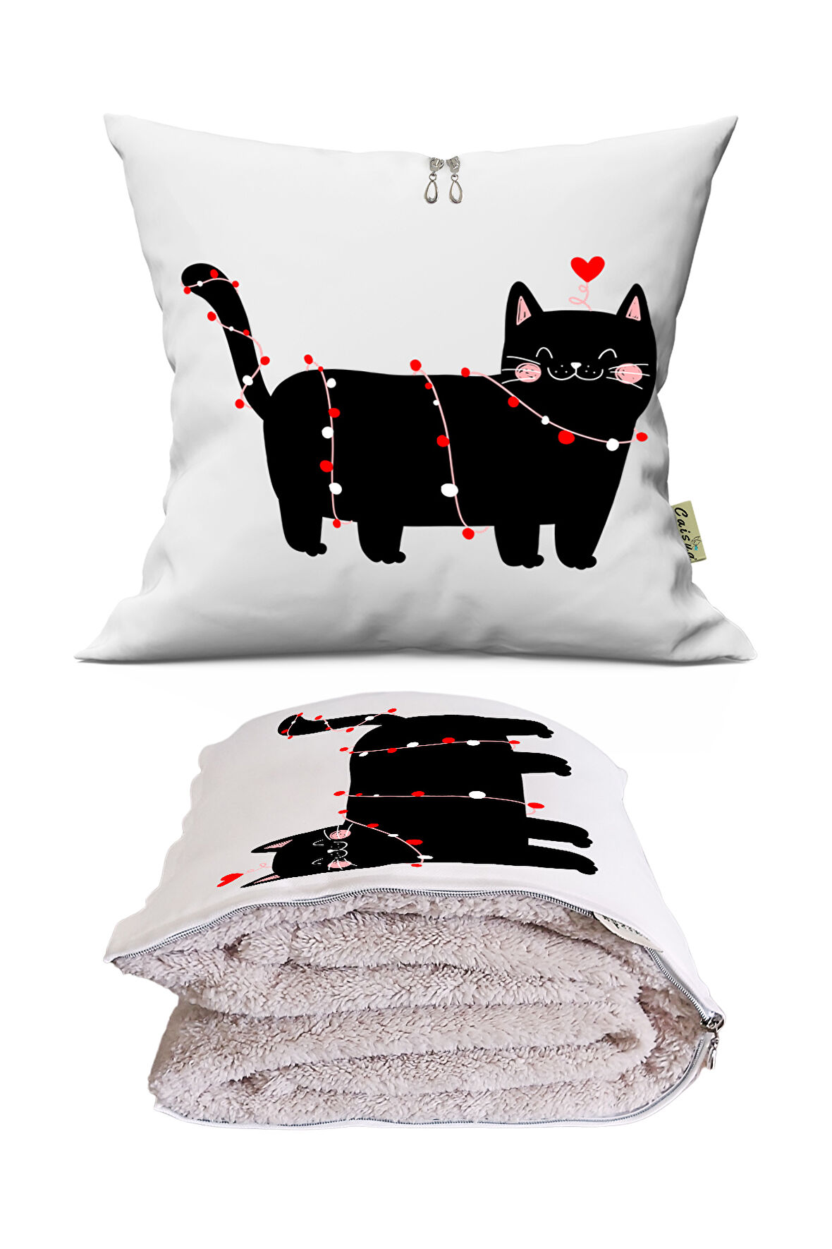 Siyah Kedicik Tv Battaniyeli Opsiyonel Dekoratif Araç İçi Yastık