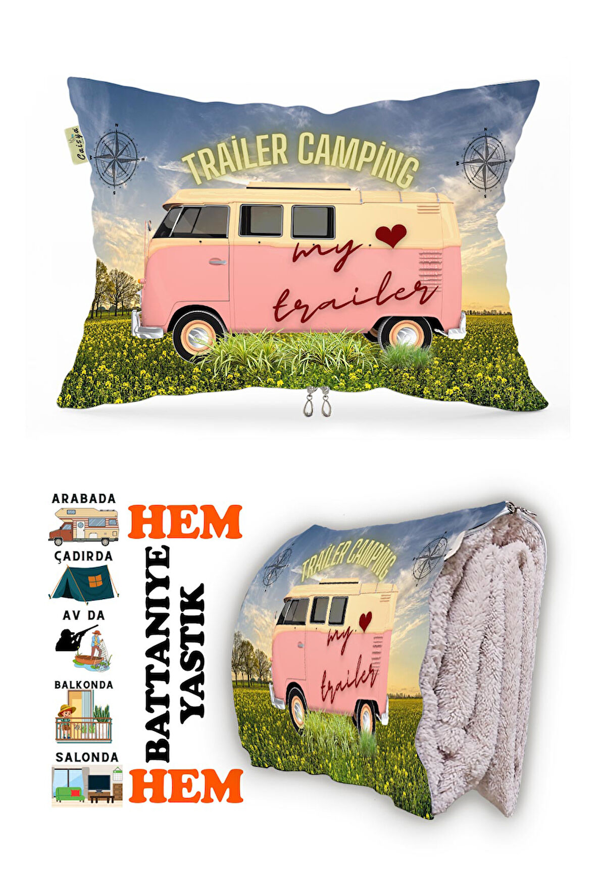 Karavan Camping-2 Baskılı Tv Battaniyeli Opsiyonel Dekoratif Yastık Battaniye 2in1-01