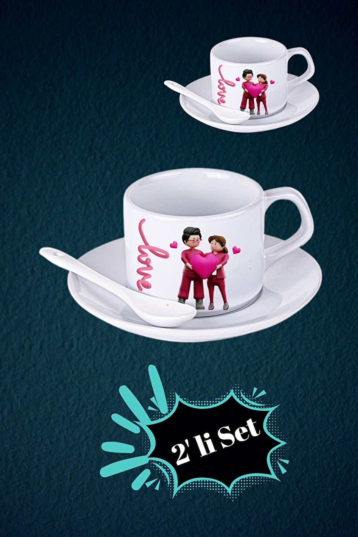 Sevgililer Günü Kalp Love Baskılı 2’li Set Kaşıklı Porselen Çay Kahve Fincan Seti-1