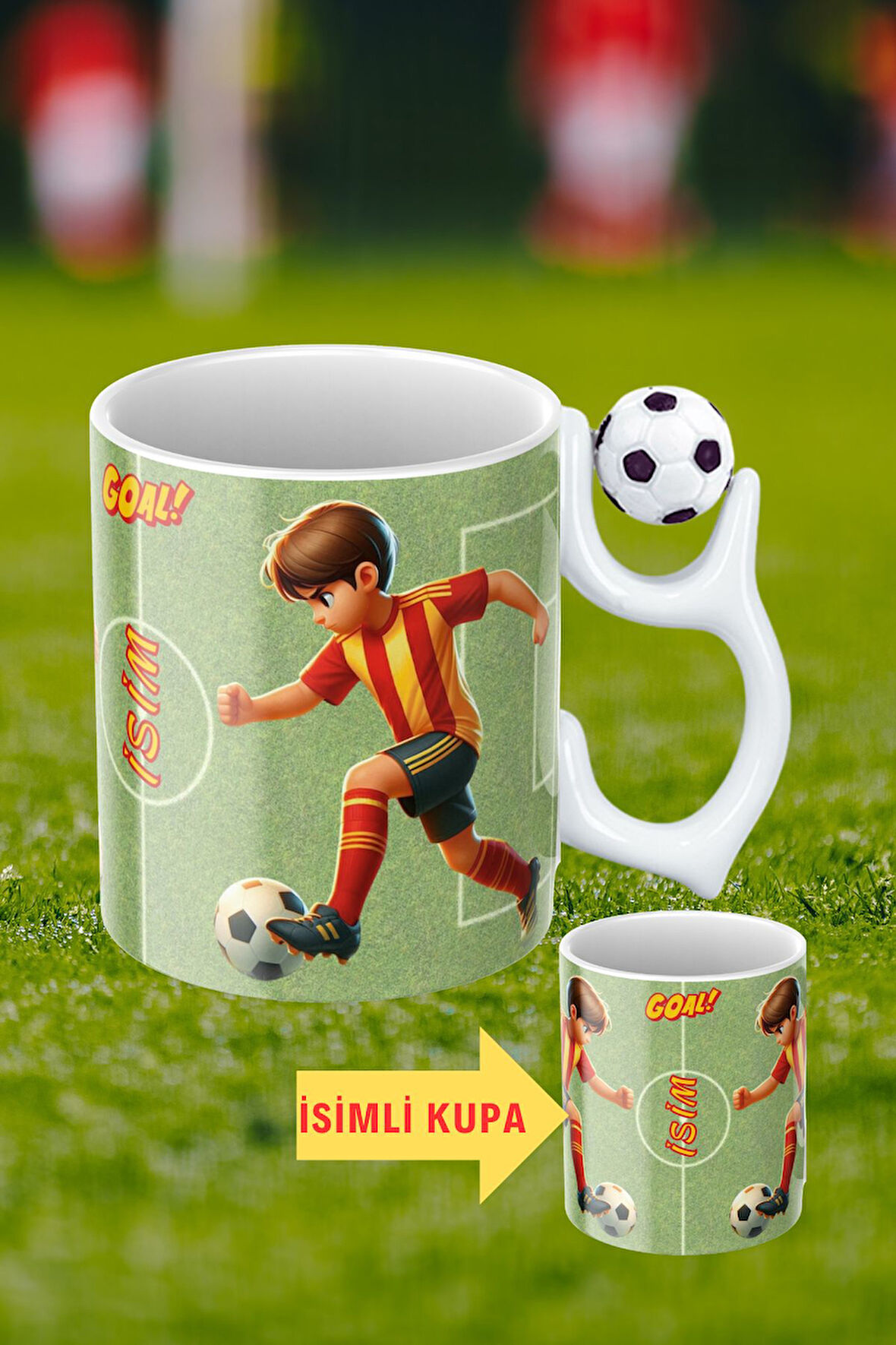 Siyah Beyaz Futbol Toplu Sarı Kırmızı Forma Oyunculu Taraftar İsimli Baskılı Kupa Bardak