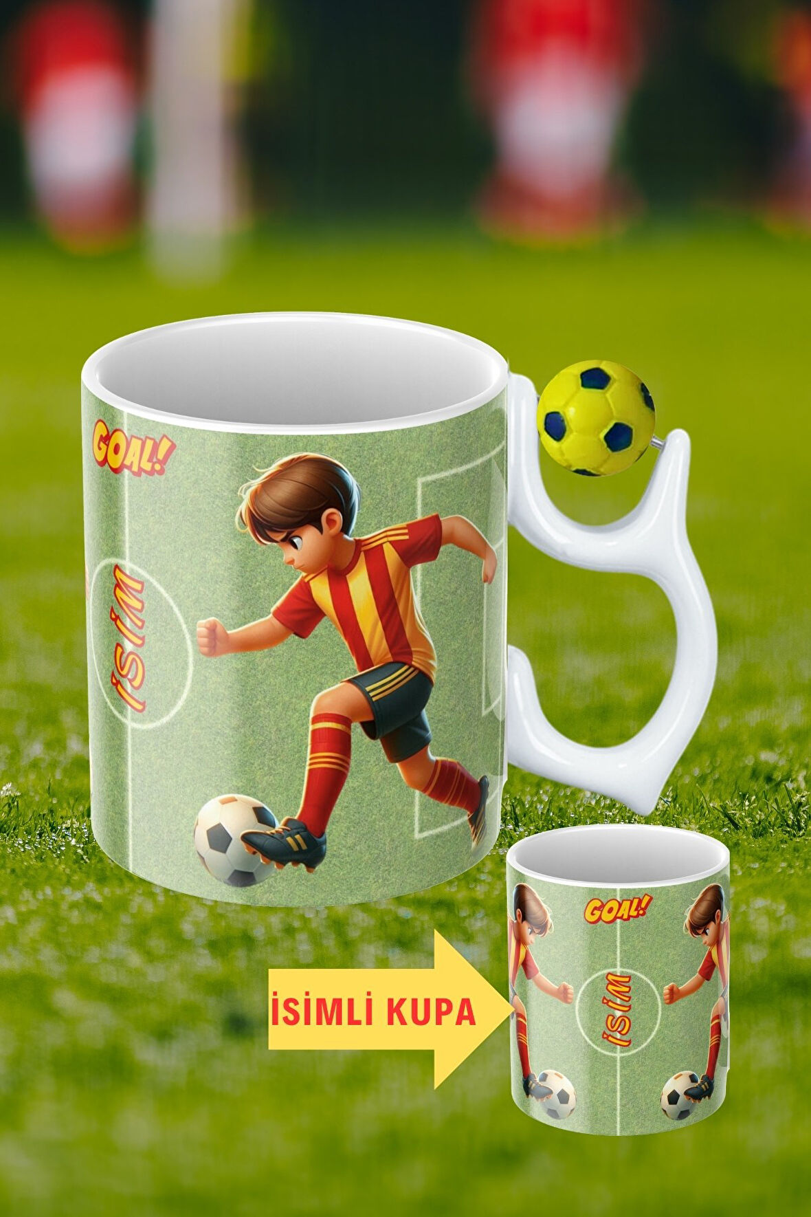 Sarı Lacivert Futbol Toplu Sarı Kırmızı Forma Oyunculu Taraftar İsimli Baskılı Kupa Bardak