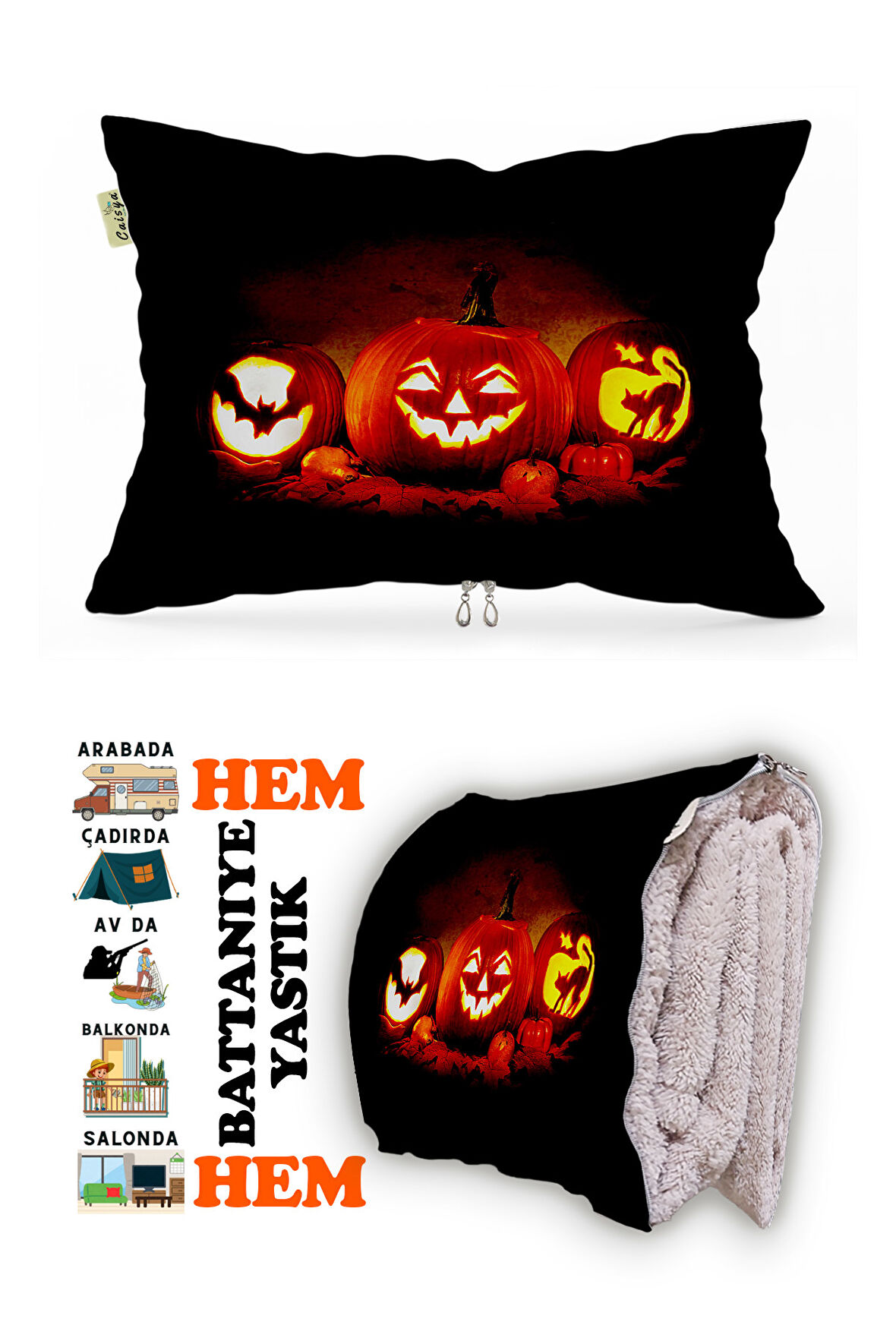 Bal Kabağı Helloween Desen Baskılı Tv Battaniyeli Opsiyonel Dekoratif Hediye Yastık Battaniye 2in1