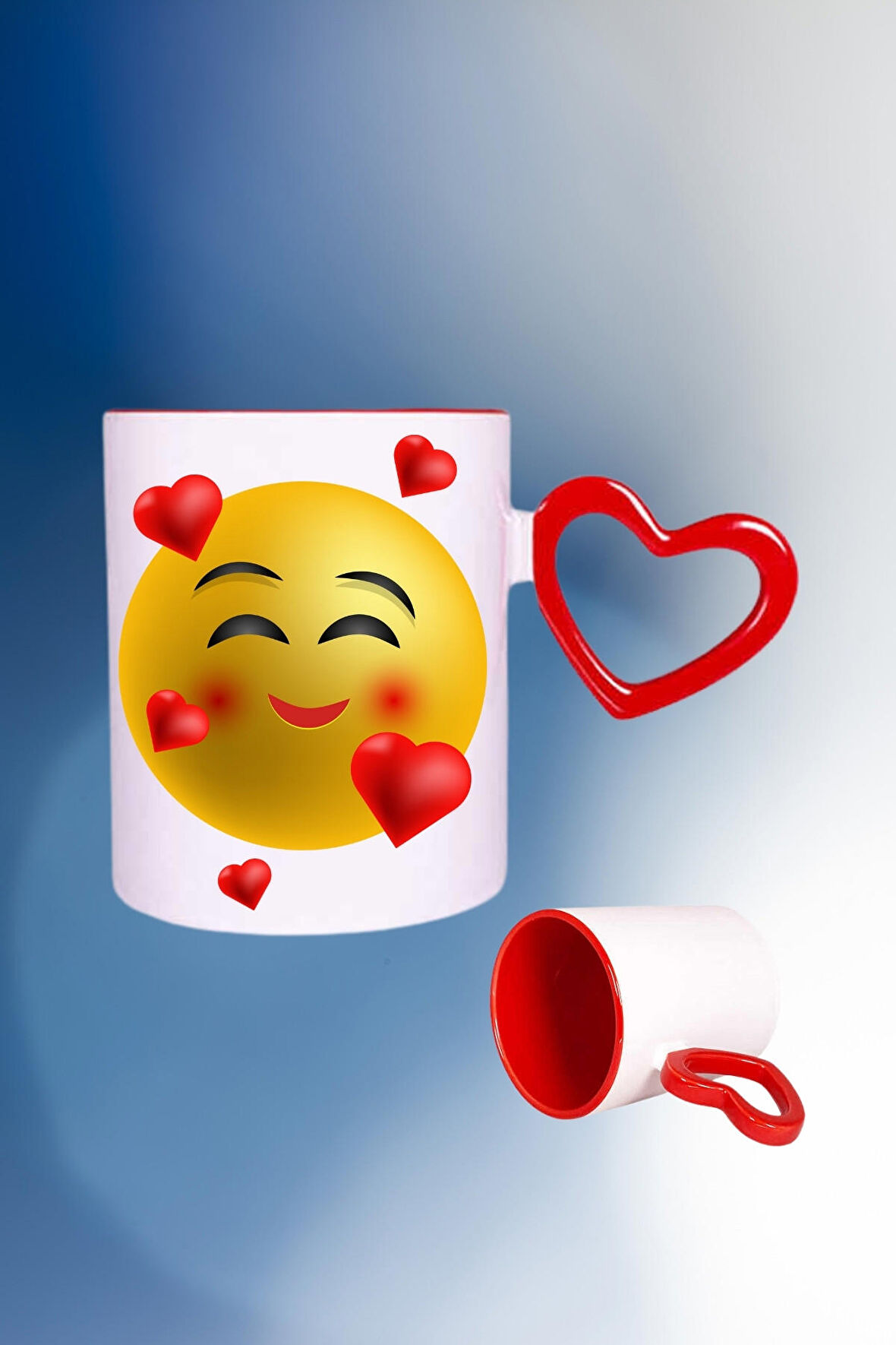 Kalp Emoji Baskılı Kalpli Kırmızı Kupa Bardak Çay Kahve Fincanı