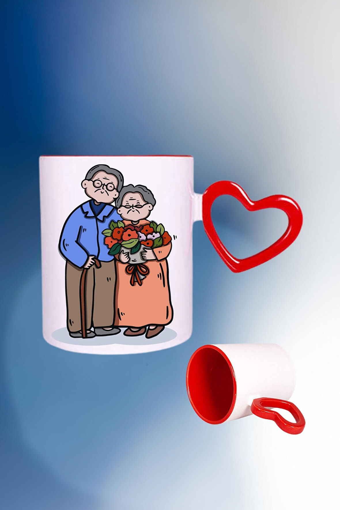 Tonton Çiftler Baskılı Kalpli Kırmızı Kupa Bardak Çay Kahve Fincanı