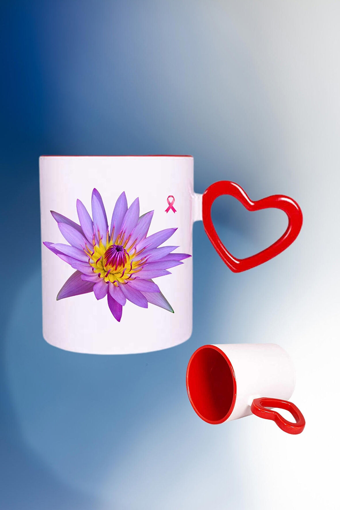Lotus Çiçeği Baskılı Kalpli Kırmızı Kupa Bardak Çay Kahve Fincanı