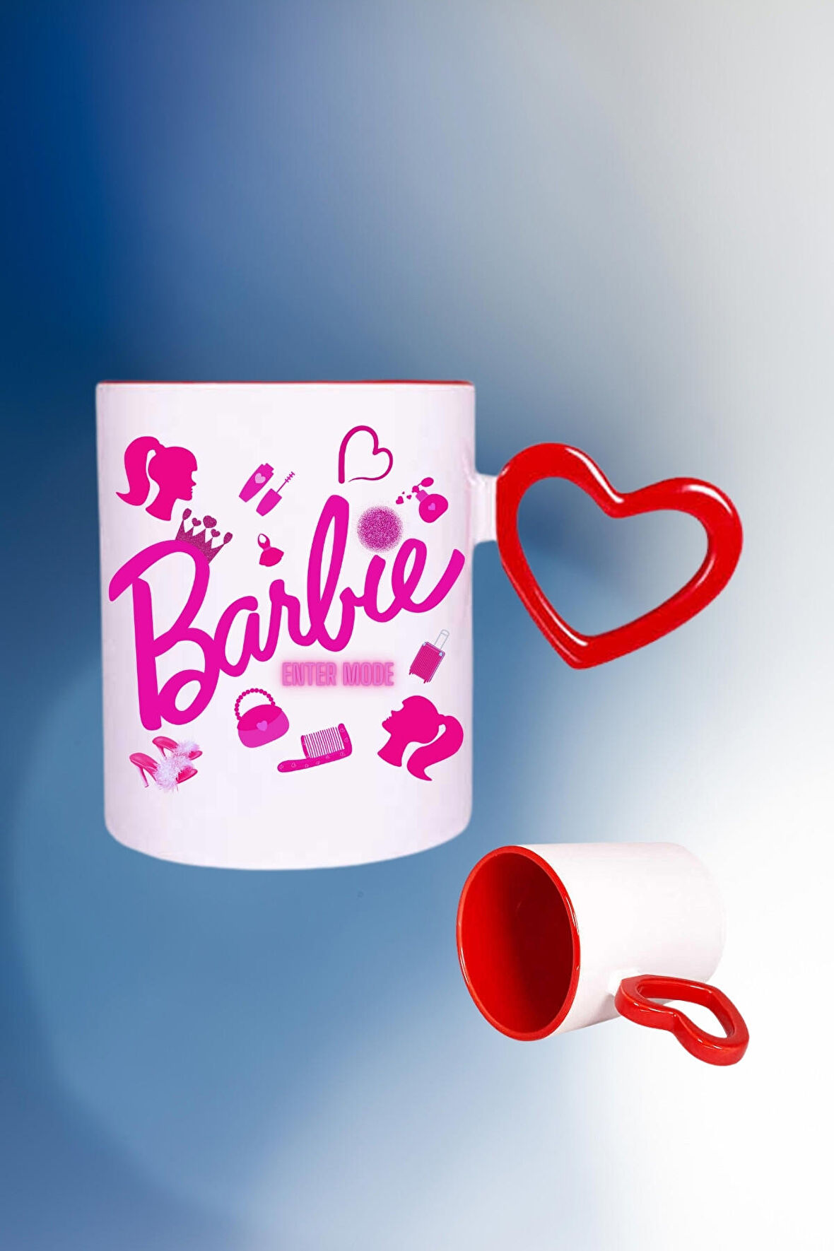 Barbie Enter Mode Baskılı Kalpli Kırmızı Kupa Bardak Çay Kahve Fincanı