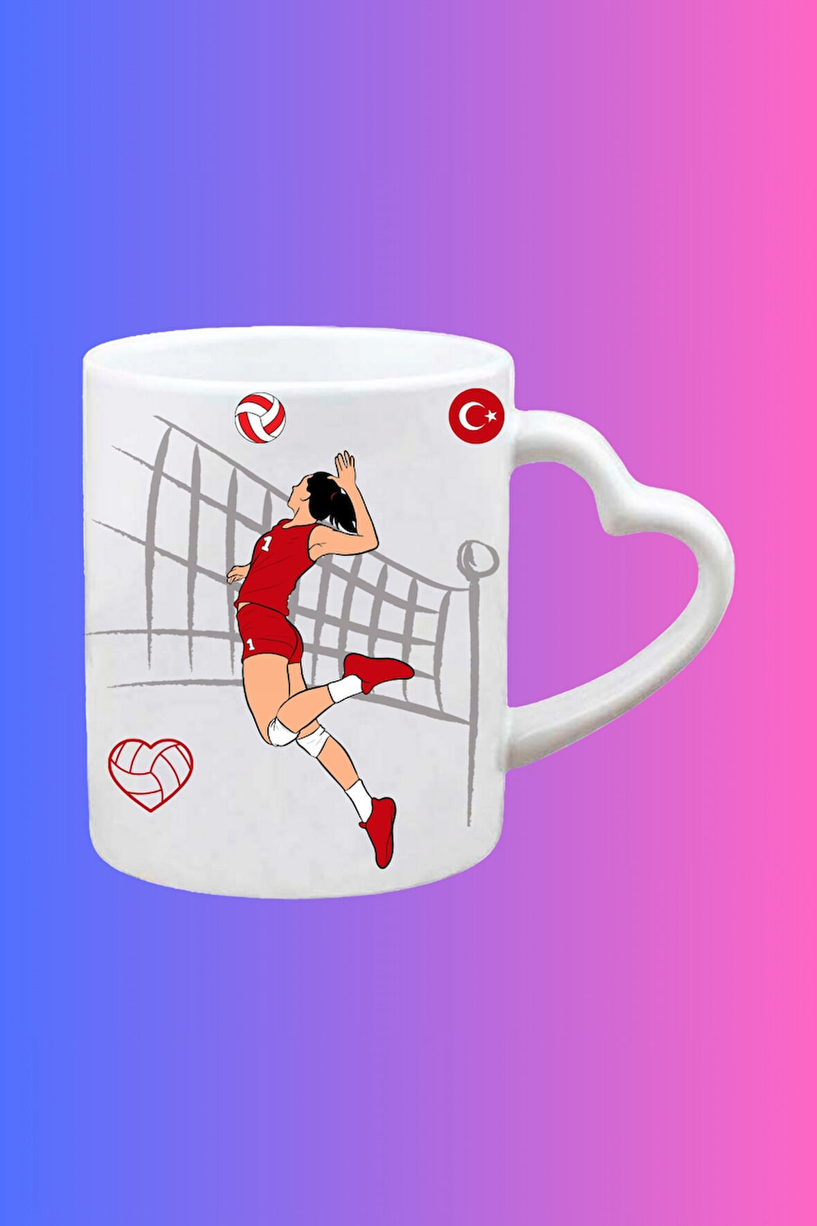 Voleybol Temalı Kadın Oyuncu Baskılı Kalpli Kulp Kupa Bardak Çay Kahve Fincanı-1