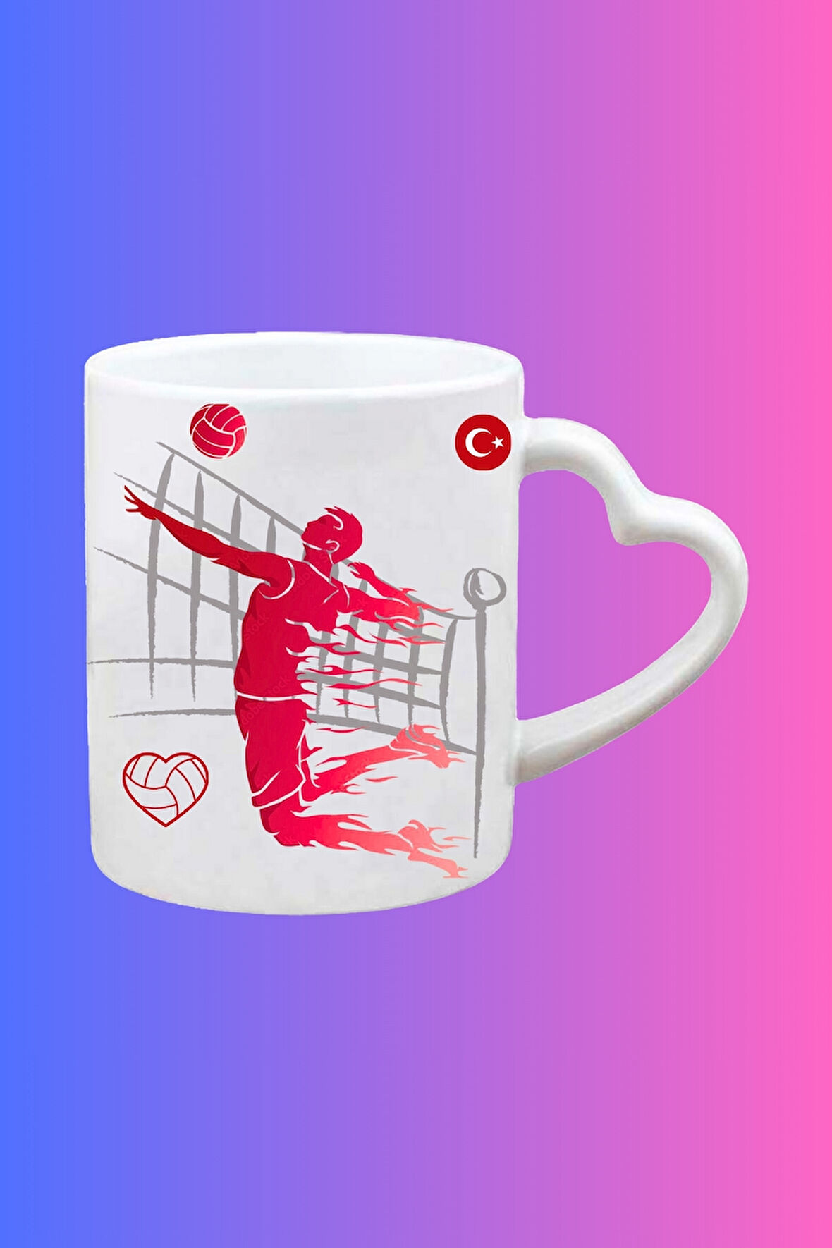 Voleybol Temalı Erkek Oyuncu Baskılı Kalpli Kulp Kupa Bardak Çay Kahve Fincanı-2