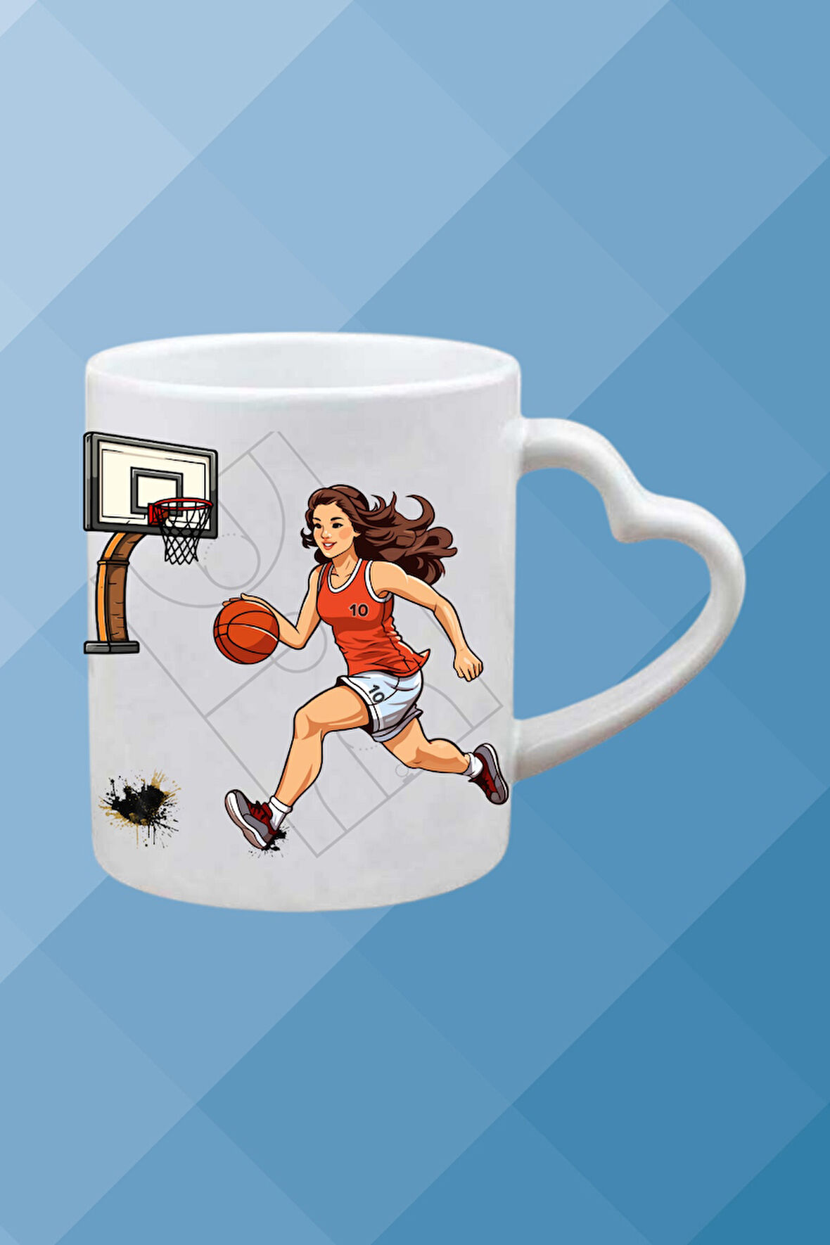 Basketboll Temalı Kadın Oyuncu Baskılı Kalpli Kulp Kupa Bardak Çay Kahve Fincanı-4