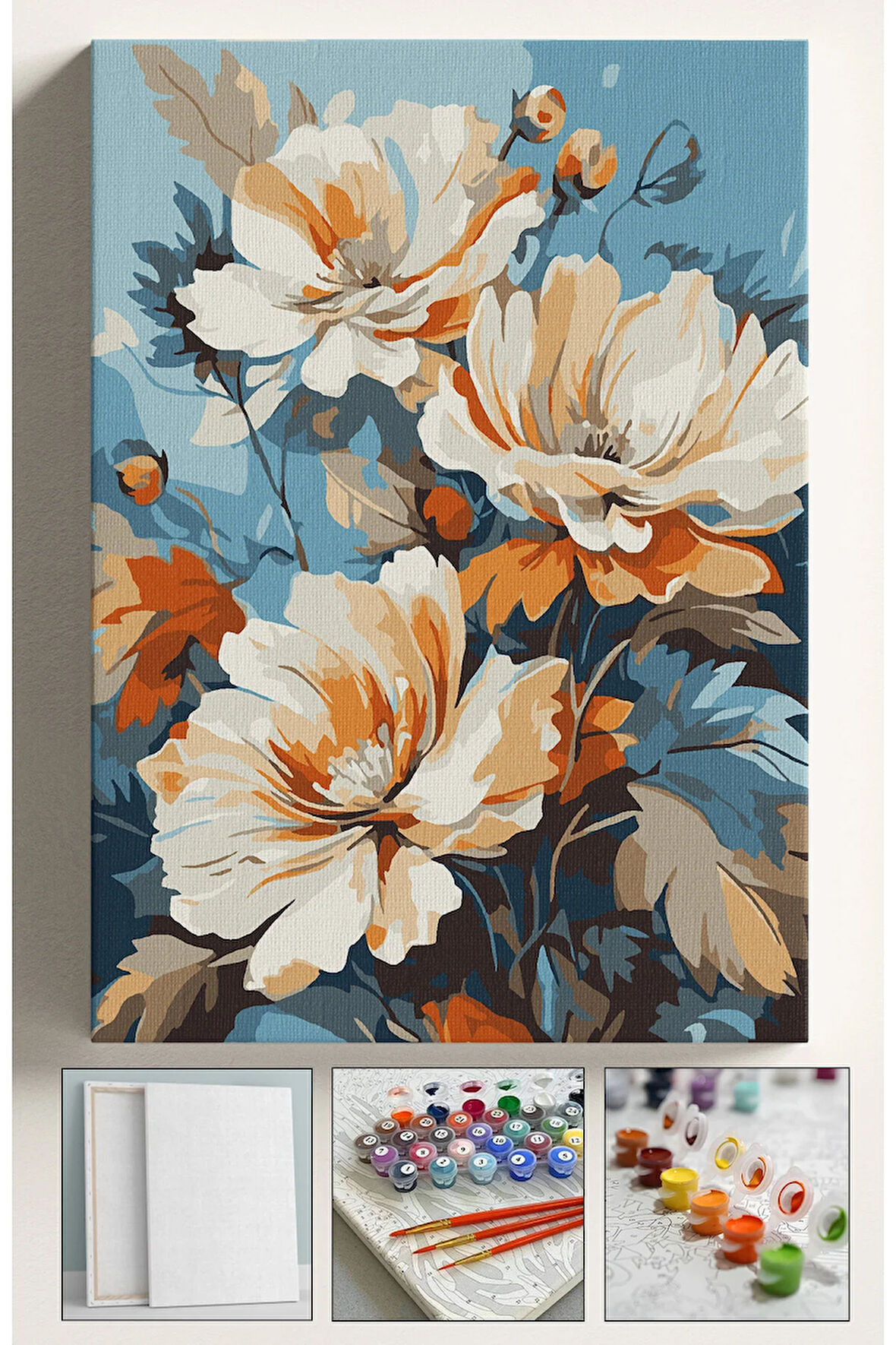 Sayılarla Boyama Çerçeveli Hobi Seti Numaralı Tuval Fırça Boya Dahil Kasnaklı ÇİÇEK 40X50 Cm