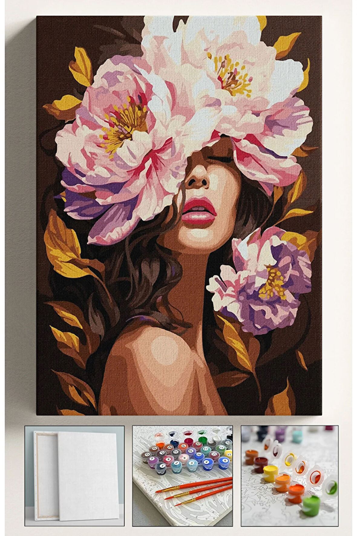 Sayılarla Boyama Hobi Seti Çerçeveli Numaralı Tuval Fırça Boya Dahil Kasnaklı Çiçek Kadın 40x50 Cm