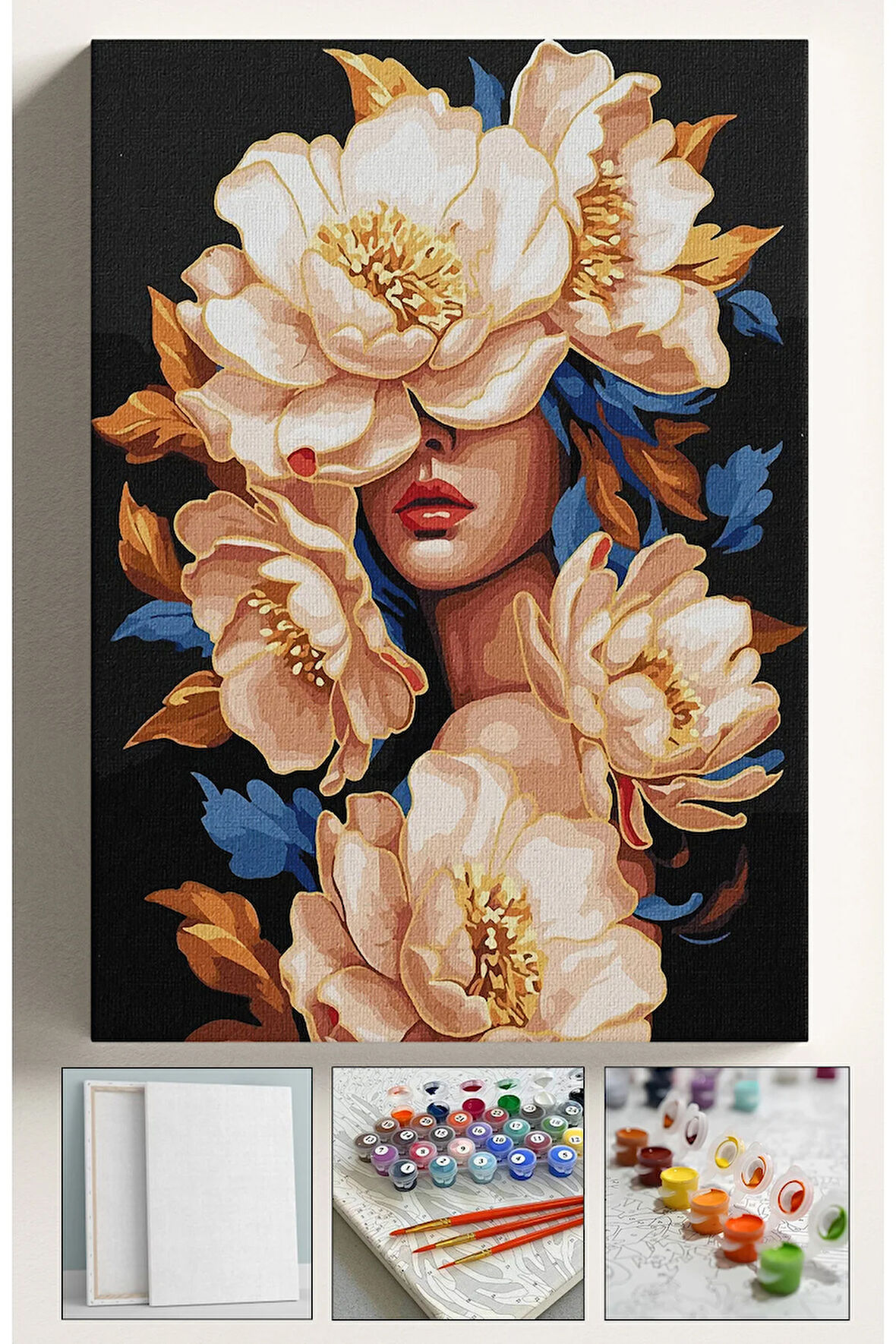 Sayılarla Boyama Hobi Seti Çerçeveli Numaralı Tuval Fırça Boya Dahil Kasnaklı ÇİÇEK KADIN 40x50 Cm